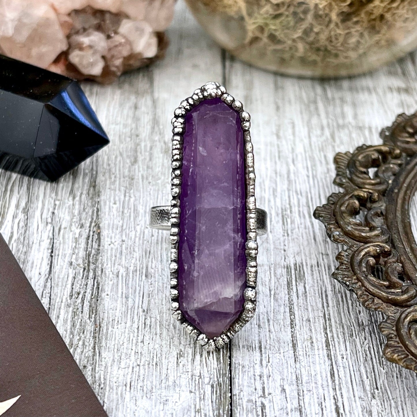 Purple Amethyst Crystal Point Ring Set in Fine Silver Size 8 - 9 / Foxlark Collection - One of a Kind