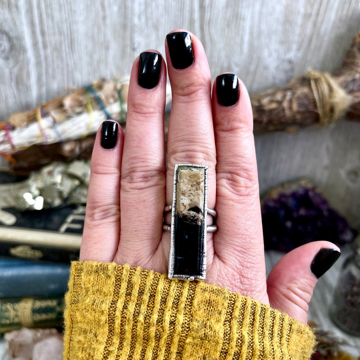Big Bold Jewelry, Big Crystal Ring, Big Silver Ring, Big Stone Ring, Etsy ID: 1315703140, Fossilized Palm Root, FOXLARK- RINGS, Jewelry, Large Boho Ring, Large Crystal Ring, Large Stone Ring, Natural stone ring, Rings, silver crystal ring, Silver Stone Je
