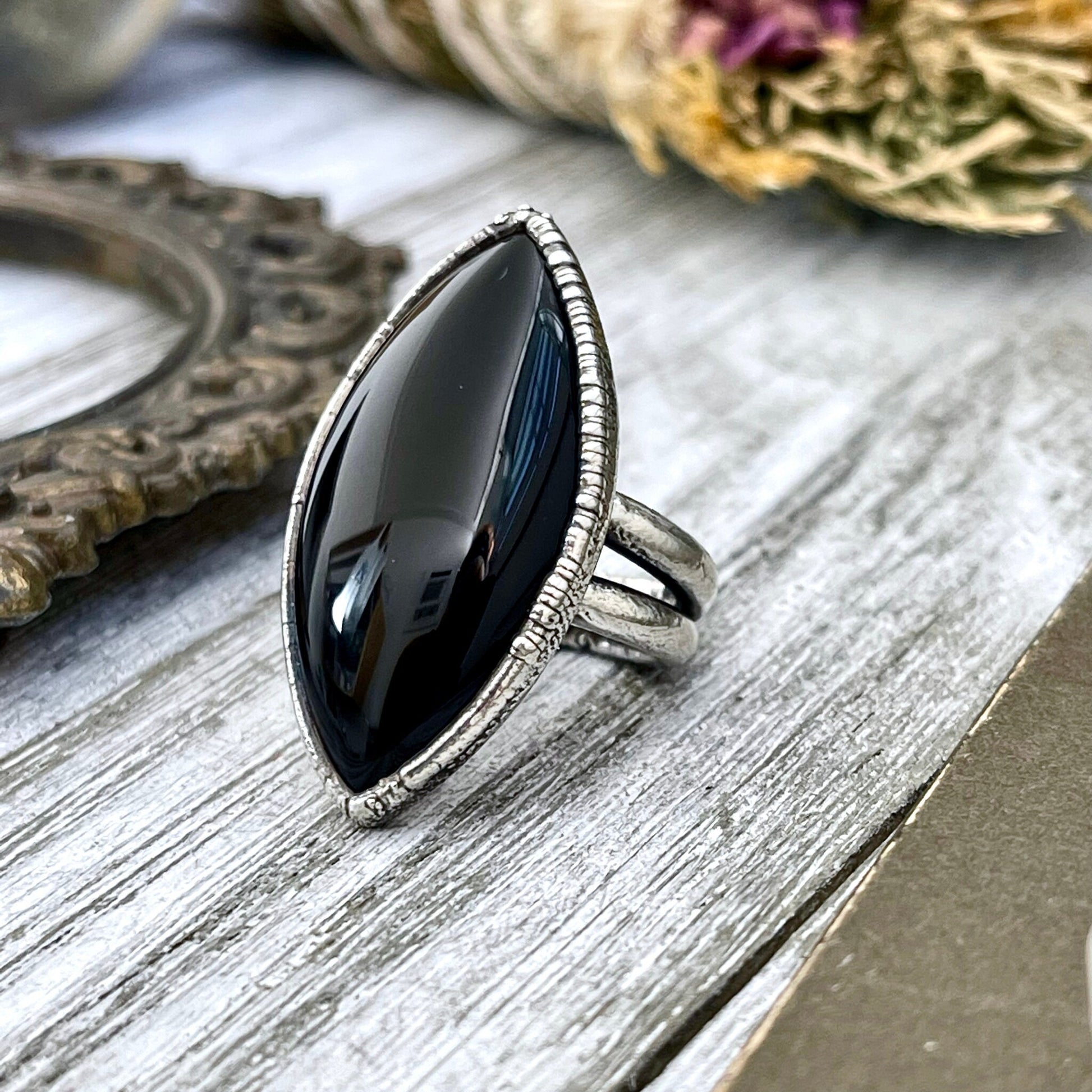 Size 5.5 Natural Black Onyx Ring in Fine Silver / Large Crystal Ring -