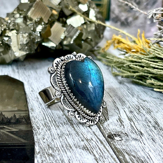 Labradorite Heart Crystal Statement Ring in Sterling Silver 925 - Adjustable to Size 6 7 8 9 - Designed by FOXLARK Collection.
