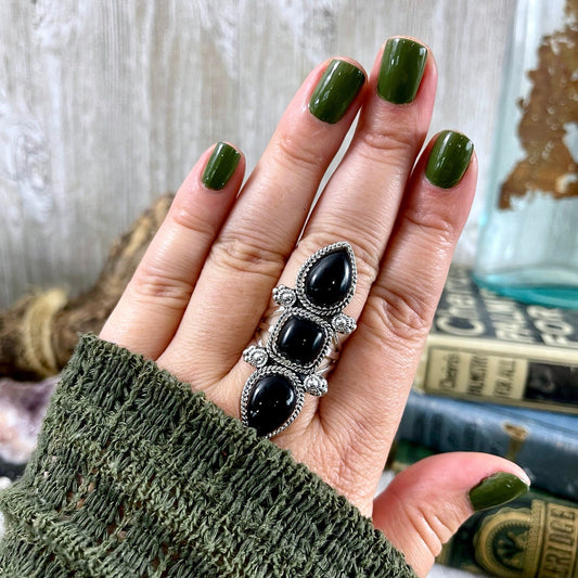 Triple Stone Black Onyx Ring in Solid Sterling Silver- Designed by FOXLARK Collection Size 5 6 7 8 9 10 11