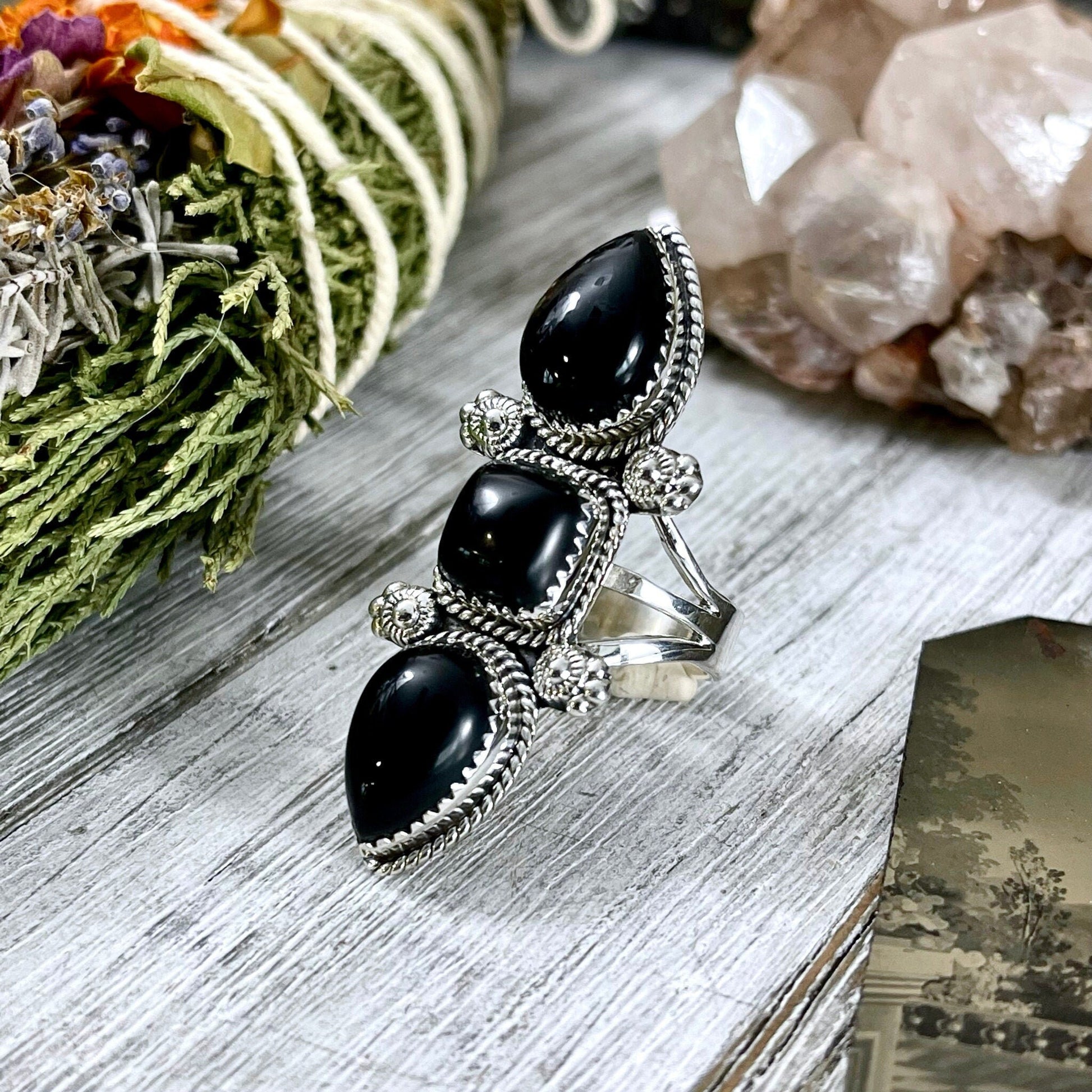 Triple Stone Black Onyx Ring in Solid Sterling Silver- Designed by FOXLARK Collection Size 5 6 7 8 9 10 11 / Big Crystal Ring Witchy Jewelry - Foxlark Crystal Jewelry