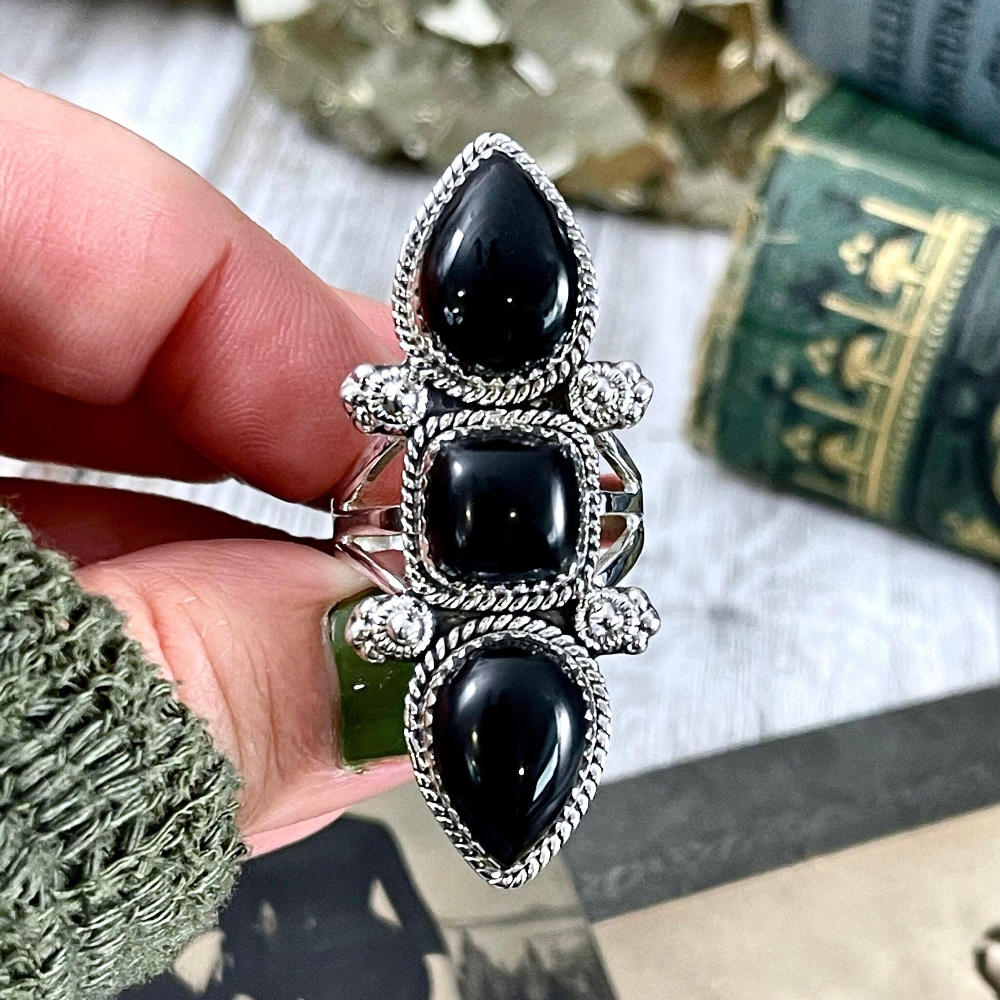 Triple Stone Black Onyx Ring in Solid Sterling Silver- Designed by FOXLARK Collection Size 5 6 7 8 9 10 11 / Big Crystal Ring Witchy Jewelry - Foxlark Crystal Jewelry