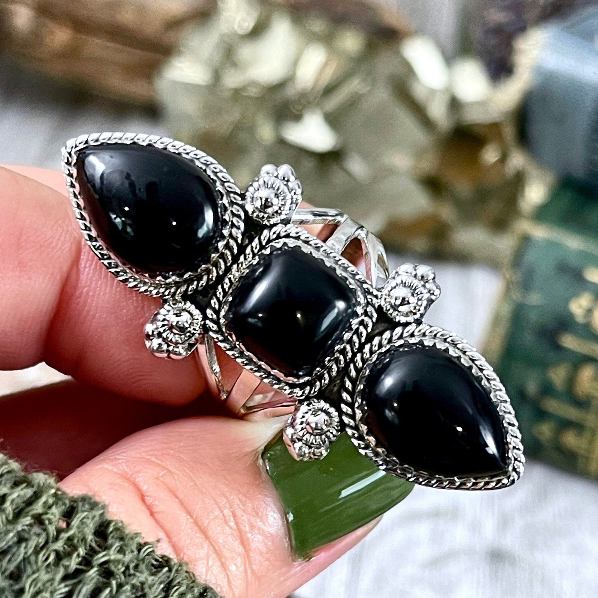 Triple Stone Black Onyx Ring in Solid Sterling Silver- Designed by FOXLARK Collection Size 5 6 7 8 9 10 11 / Big Crystal Ring Witchy Jewelry - Foxlark Crystal Jewelry
