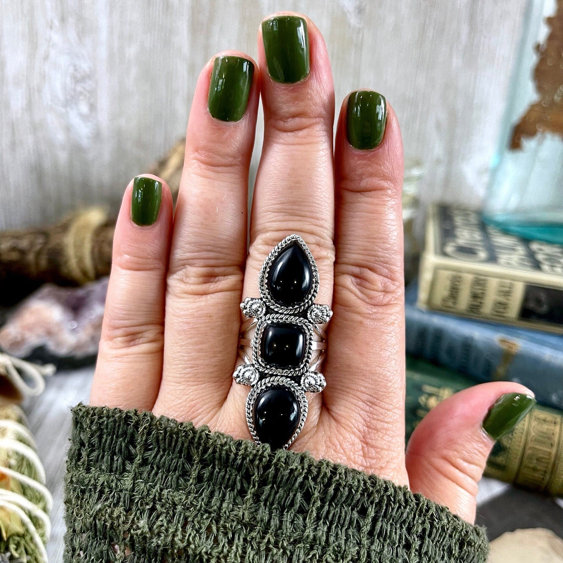 Triple Stone Black Onyx Ring in Solid Sterling Silver- Designed by FOXLARK Collection Size 5 6 7 8 9 10 11 / Big Crystal Ring Witchy Jewelry - Foxlark Crystal Jewelry