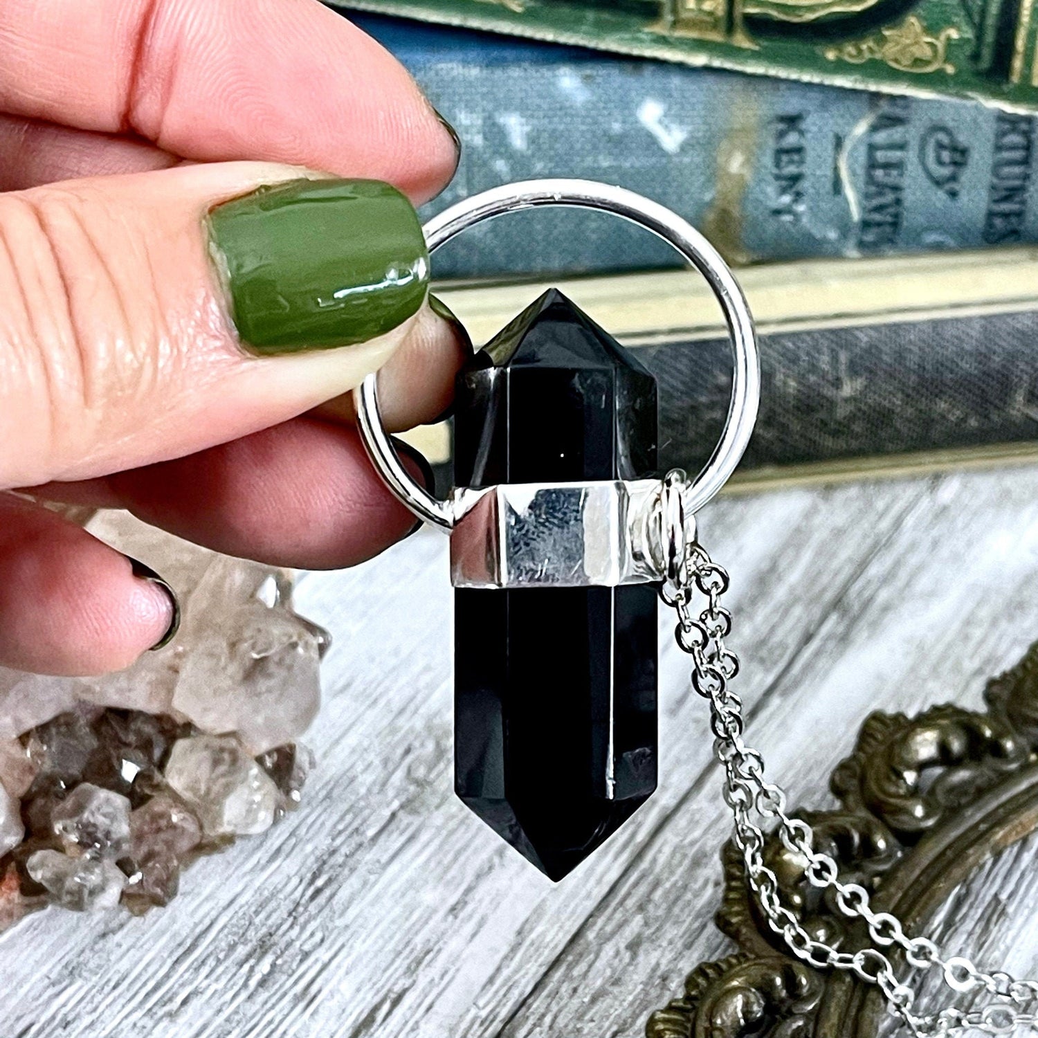 Black Onyx Crystal Point Necklace in Sterling Silver -Designed by FOXLARK Collection