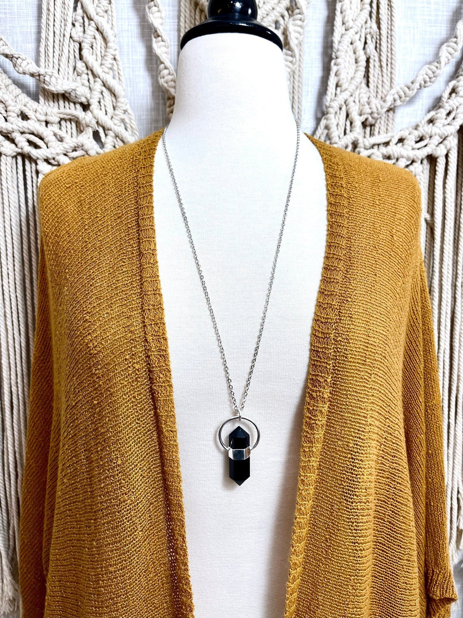 Black Onyx Crystal Point Necklace in Sterling Silver -Designed by FOXLARK Collection