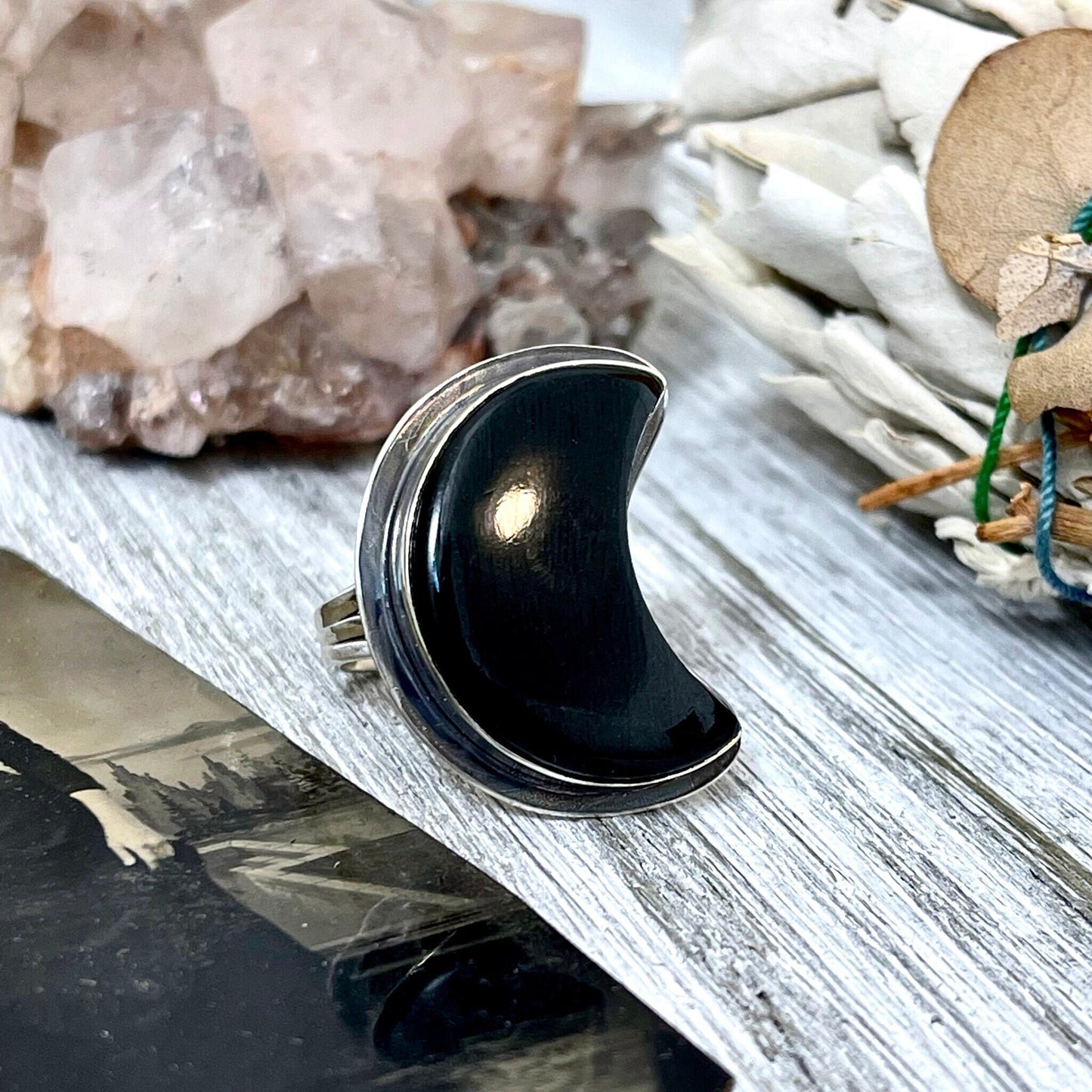 Crescent Moon Black Onyx Crystal Statement Ring in Sterling Silver- Designed by FOXLARK Collection Size 5 6 7 8 9 10 11
