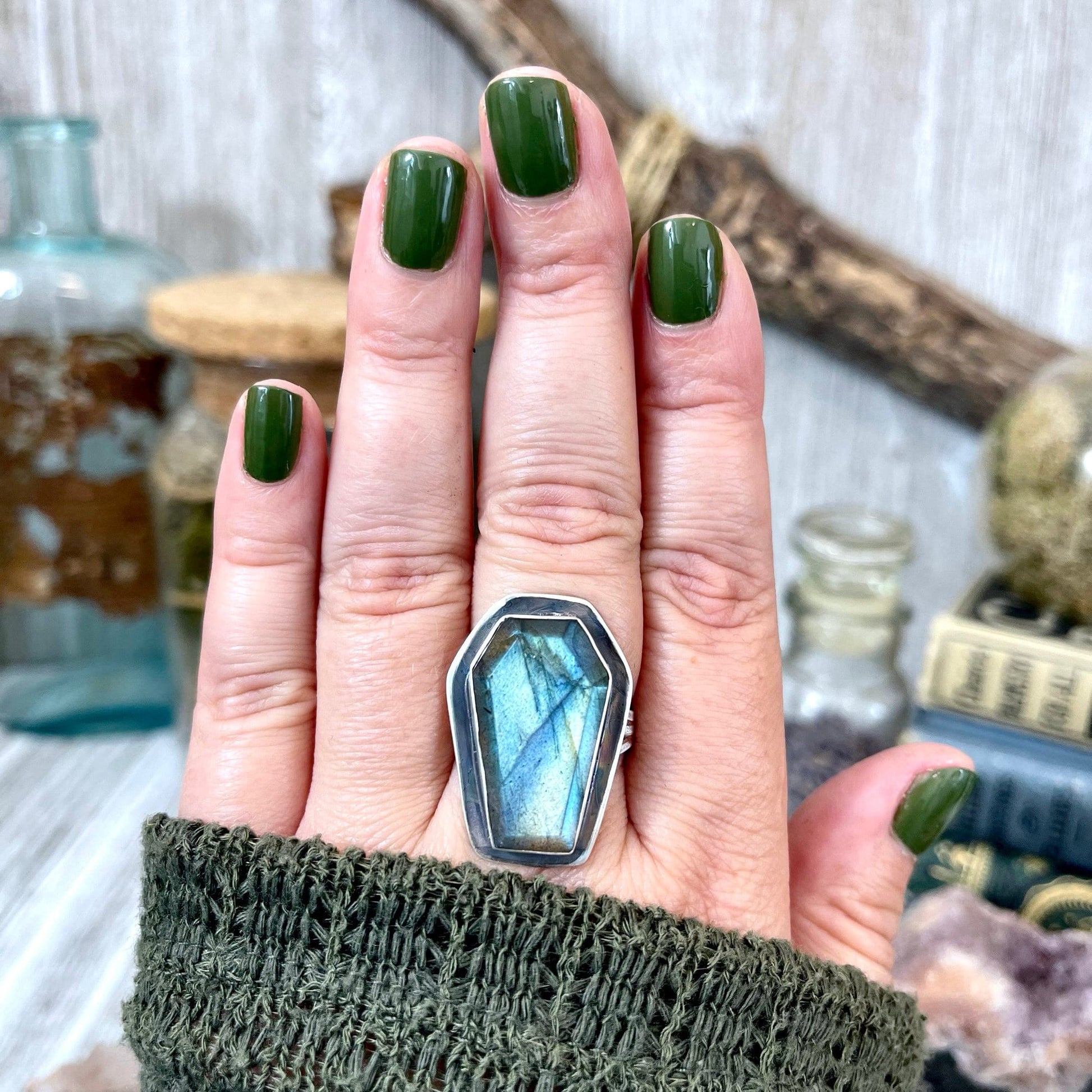 Labradorite Coffin Ring in Solid Sterling Silver- Designed by FOXLARK Collection Size 6 7 8 9 10 / Big Crystal Ring Witchy Jewelry - Foxlark Crystal Jewelry