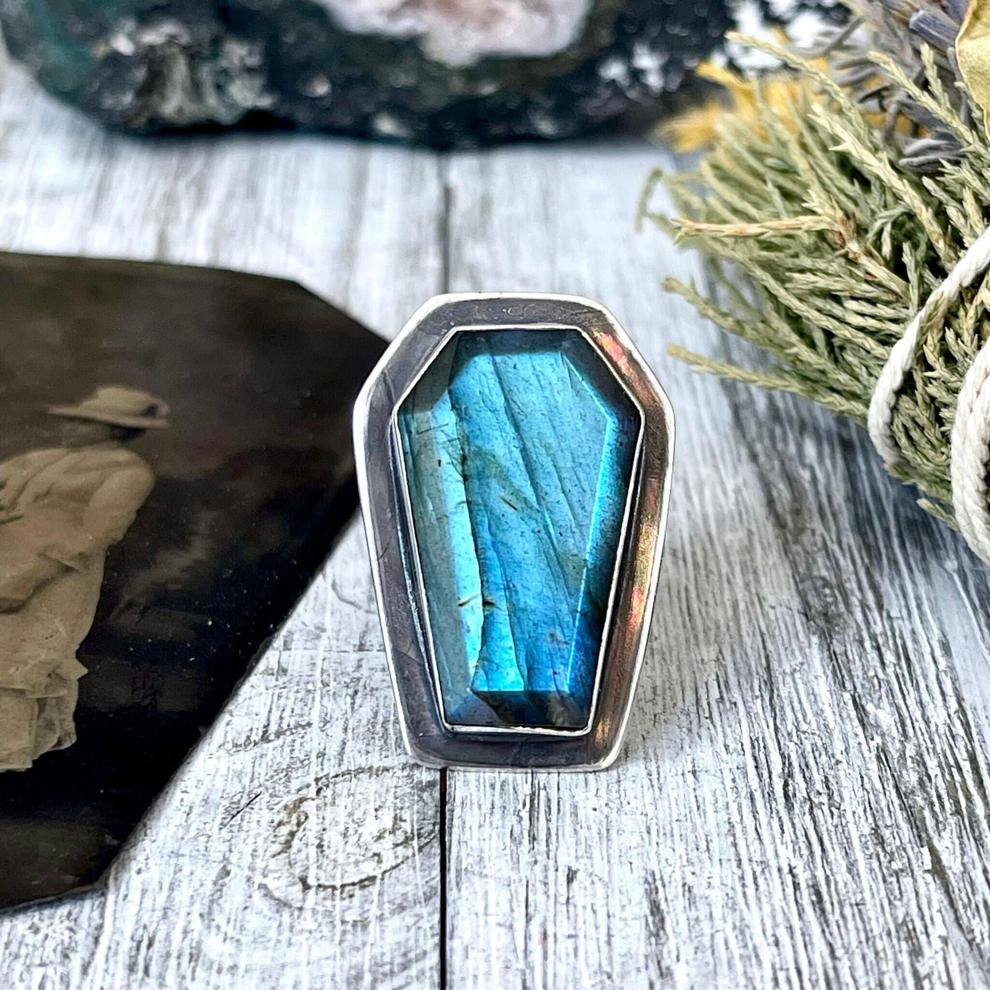 Labradorite Coffin Ring in Solid Sterling Silver- Designed by FOXLARK Collection Size 6 7 8 9 10 / Big Crystal Ring Witchy Jewelry - Foxlark Crystal Jewelry