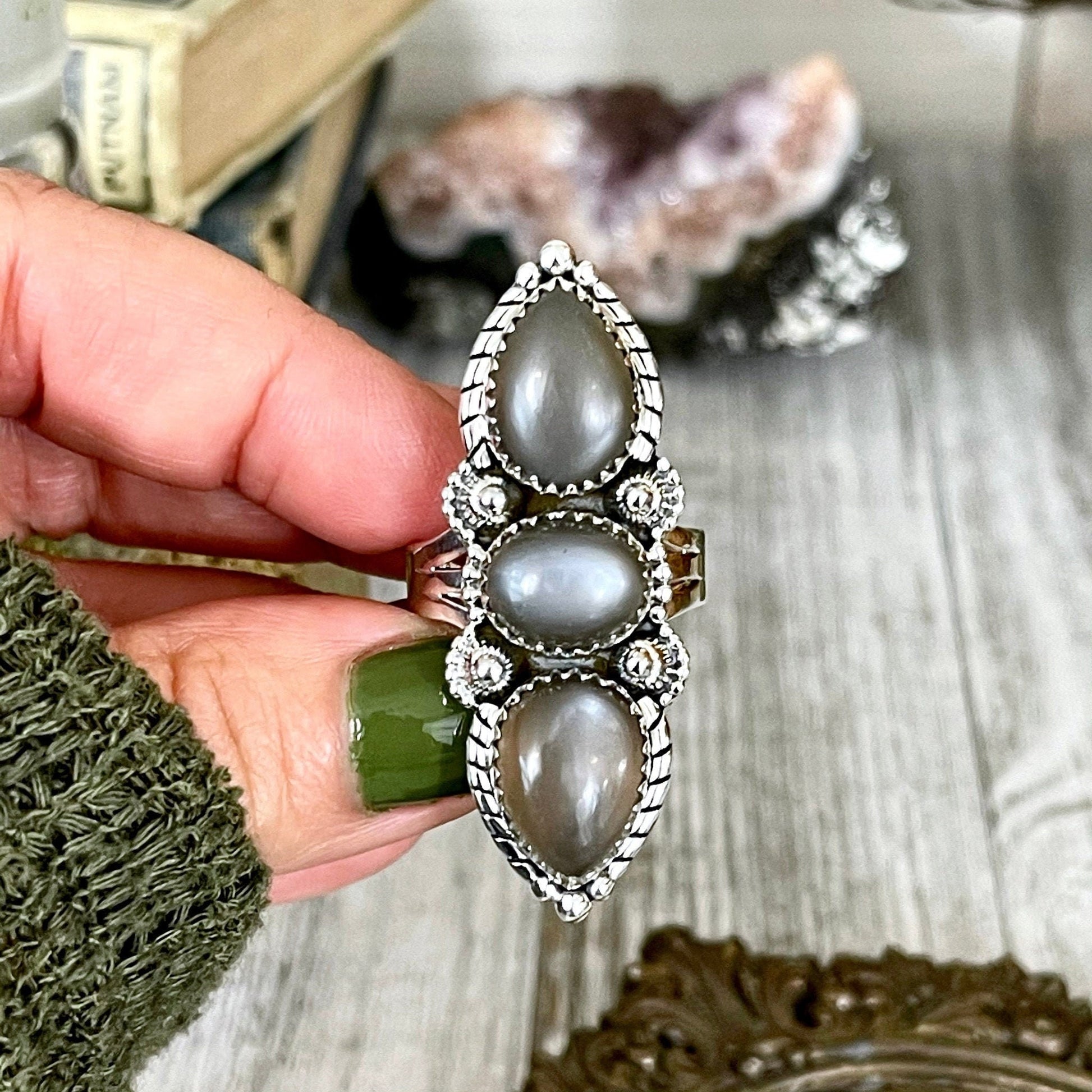 3 Stone Ring, Big Stone Ring, Bohemian Ring, Boho Jewelry, Boho Ring, Crystal Ring, Etsy Id 1064530524, Etsy ID: 1593862008, Foxlark Alchemy, Foxlark- Rings, Gift For Woman, Grey Moonstone, Gypsy Ring, Jewelry, Rings, Statement Rings, Wholesale
