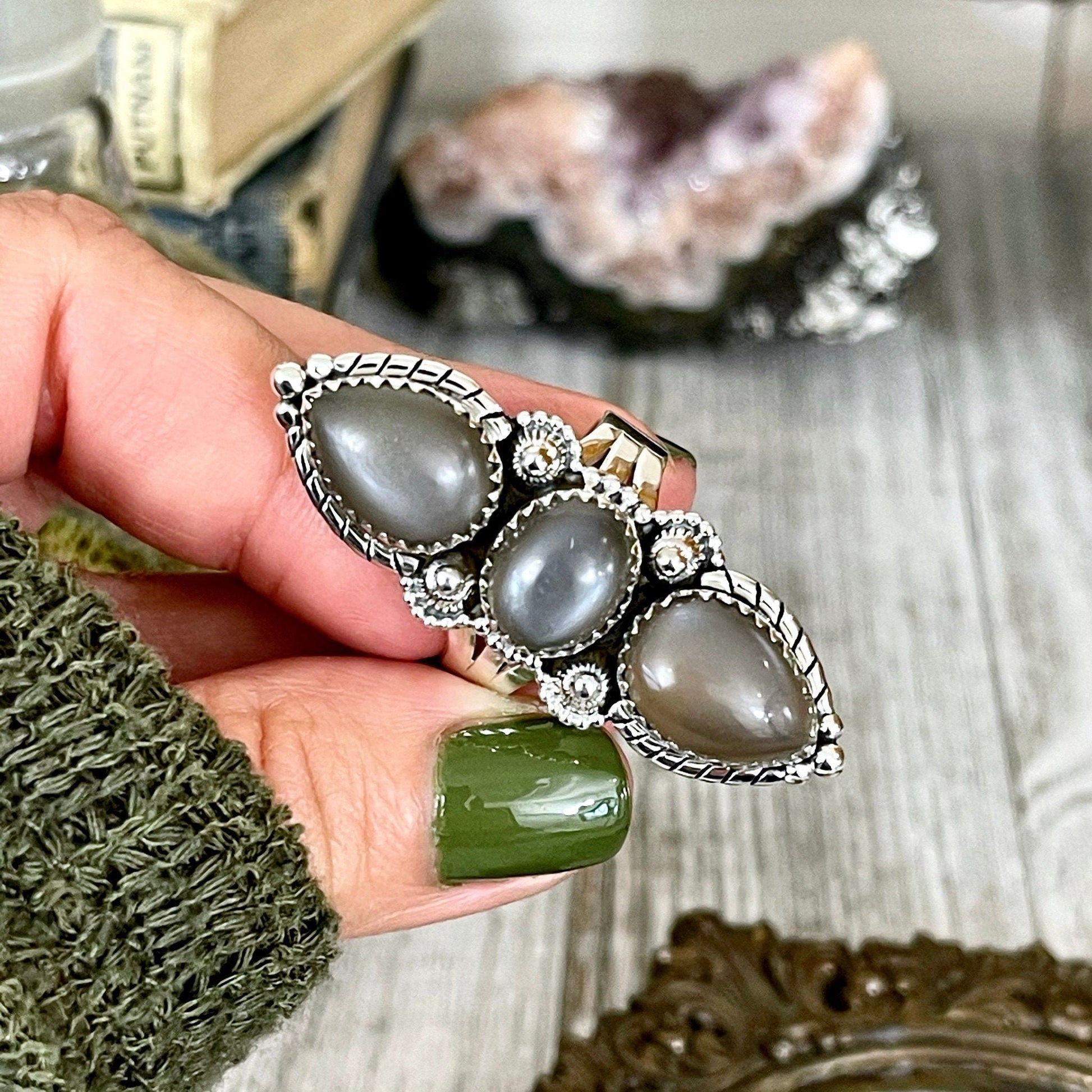 3 Stone Ring, Big Stone Ring, Bohemian Ring, Boho Jewelry, Boho Ring, Crystal Ring, Etsy Id 1064530524, Etsy ID: 1593862008, Foxlark Alchemy, Foxlark- Rings, Gift For Woman, Grey Moonstone, Gypsy Ring, Jewelry, Rings, Statement Rings, Wholesale