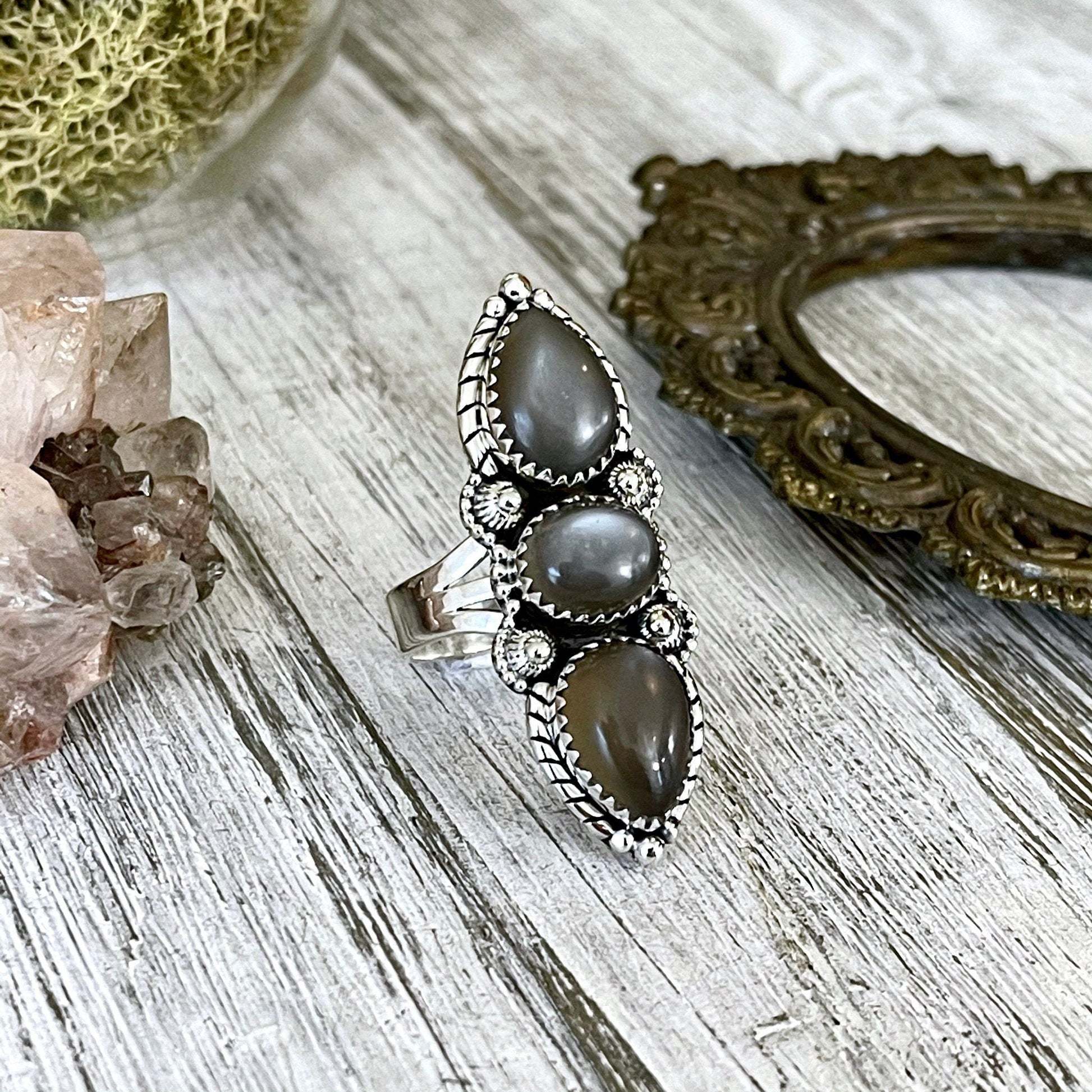 3 Stone Ring, Big Stone Ring, Bohemian Ring, Boho Jewelry, Boho Ring, Crystal Ring, Etsy Id 1064530524, Etsy ID: 1593862008, Foxlark Alchemy, Foxlark- Rings, Gift For Woman, Grey Moonstone, Gypsy Ring, Jewelry, Rings, Statement Rings, Wholesale