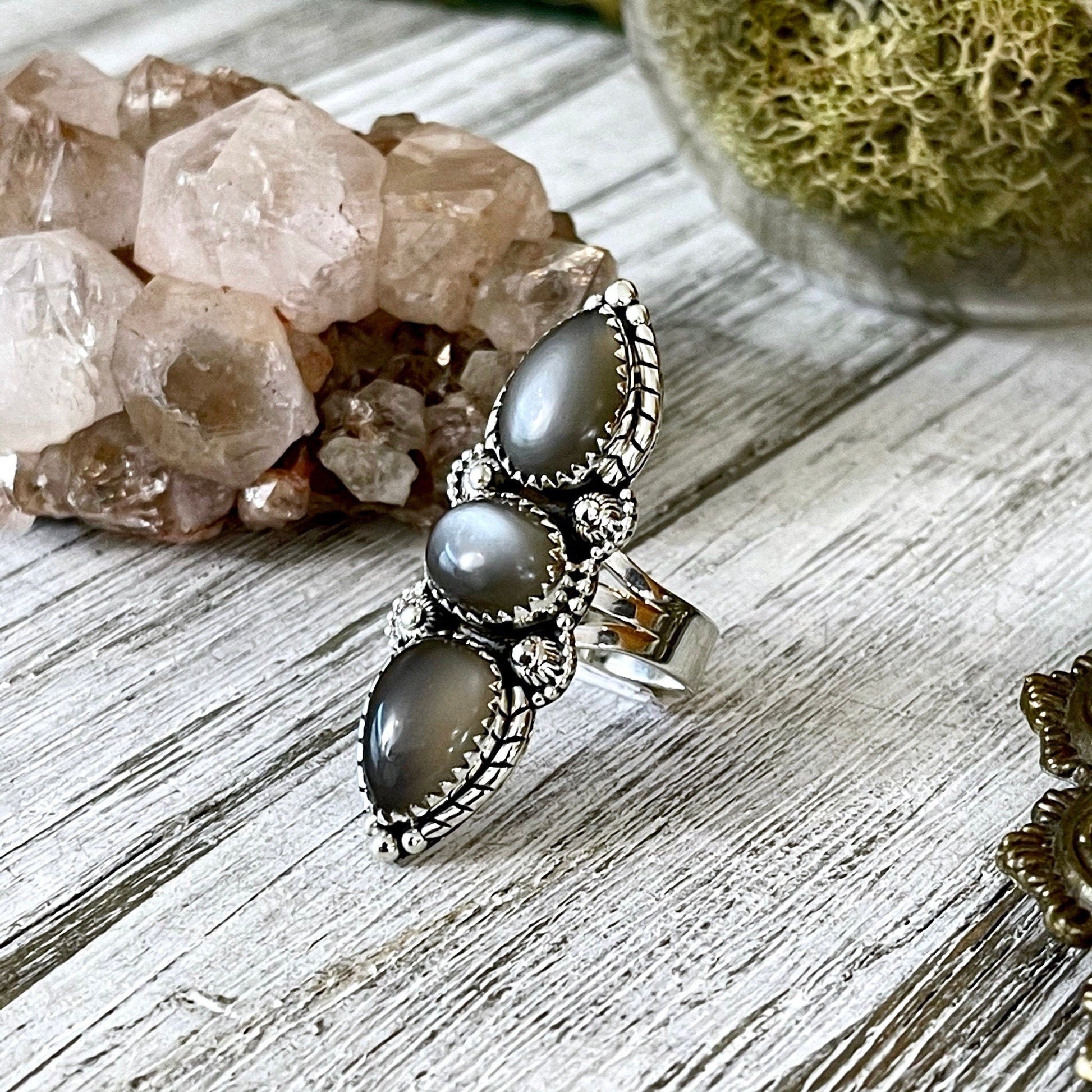 3 Stone Ring, Big Stone Ring, Bohemian Ring, Boho Jewelry, Boho Ring, Crystal Ring, Etsy Id 1064530524, Etsy ID: 1593862008, Foxlark Alchemy, Foxlark- Rings, Gift For Woman, Grey Moonstone, Gypsy Ring, Jewelry, Rings, Statement Rings, Wholesale