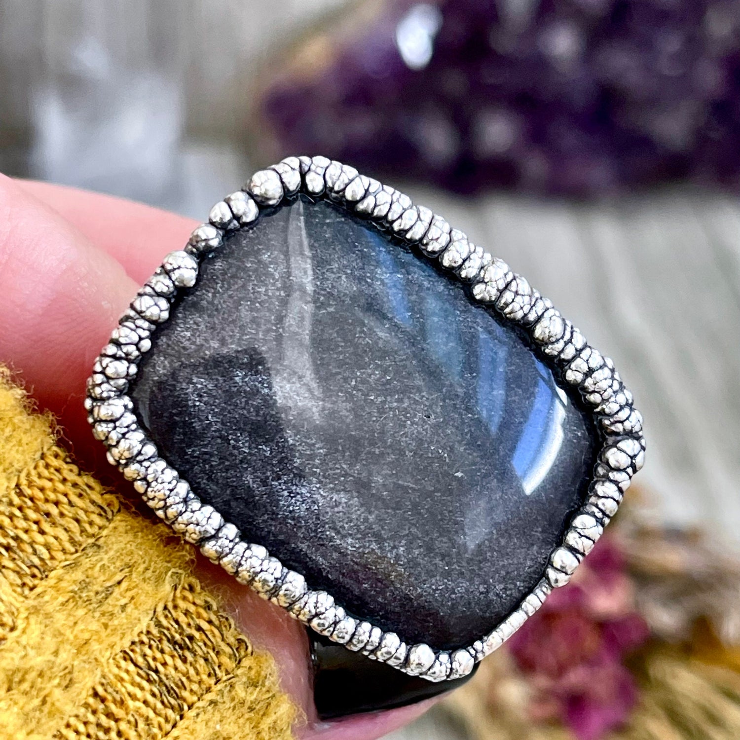 Size 9 Silver Sheen Obsidian Statement Ring in fine Silver / Foxlark Collection - One of a Kind