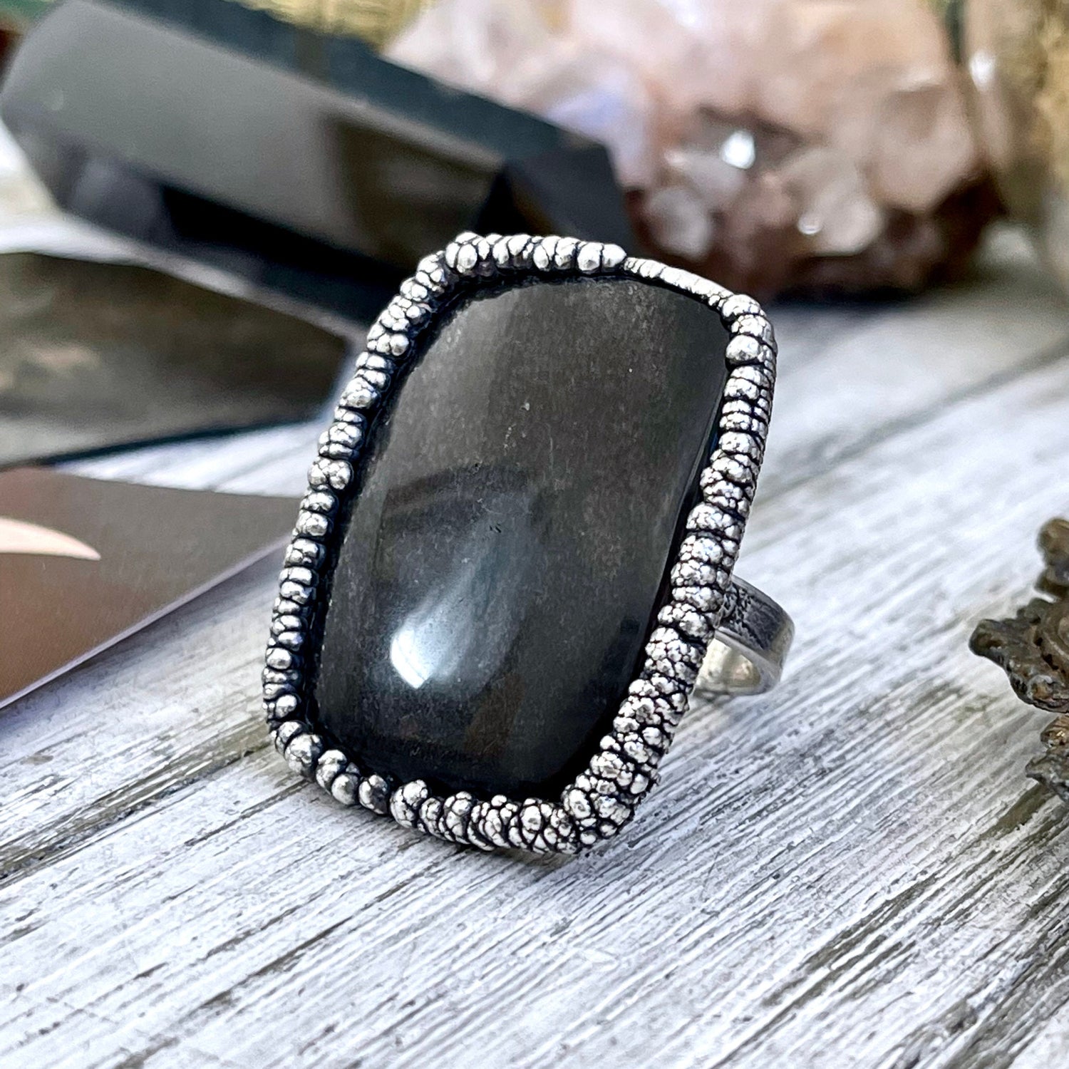 Size 9 Silver Sheen Obsidian Statement Ring in fine Silver / Foxlark Collection - One of a Kind