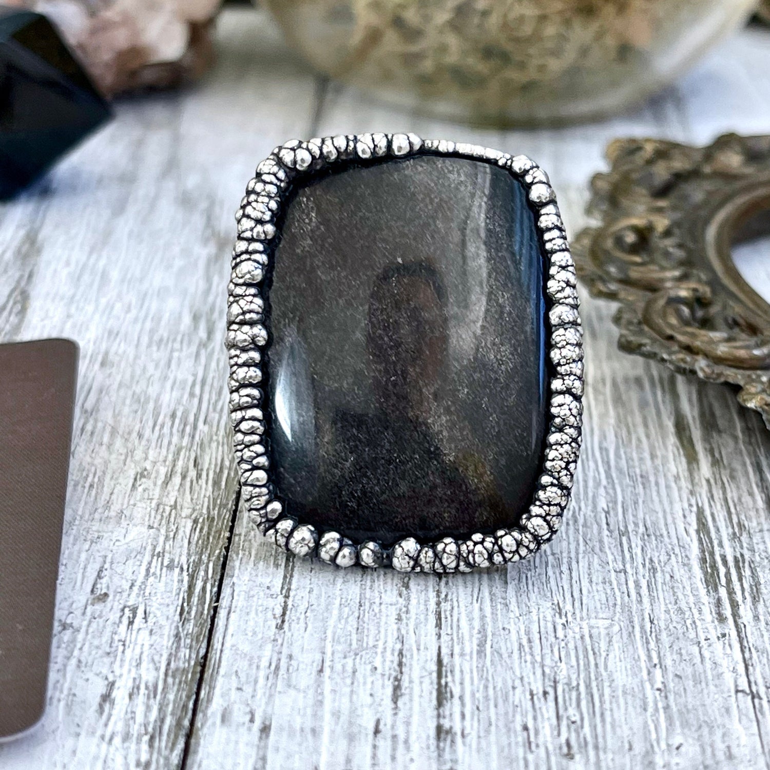 Size 9 Silver Sheen Obsidian Statement Ring in fine Silver / Foxlark Collection - One of a Kind