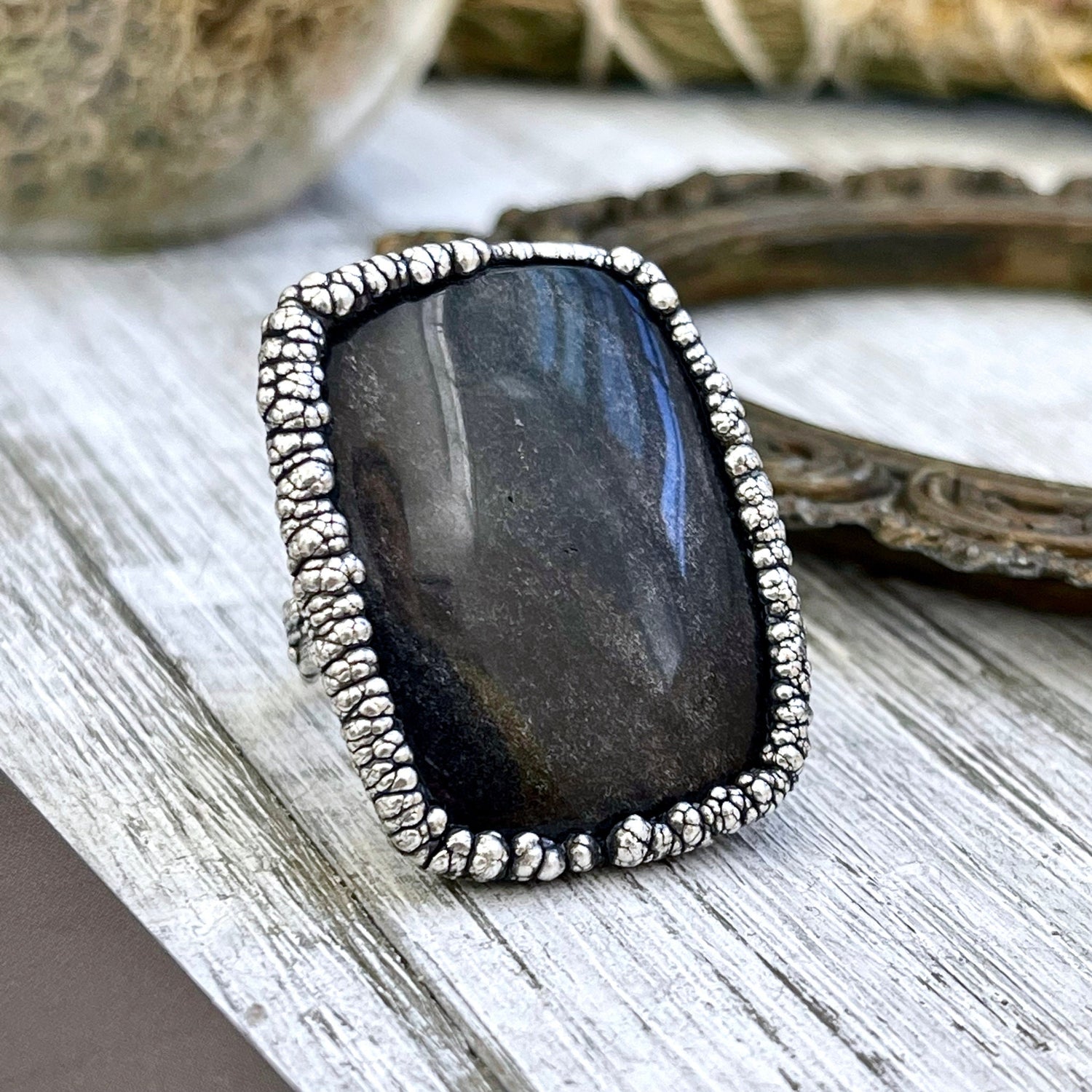 Size 9 Silver Sheen Obsidian Statement Ring in fine Silver / Foxlark Collection - One of a Kind