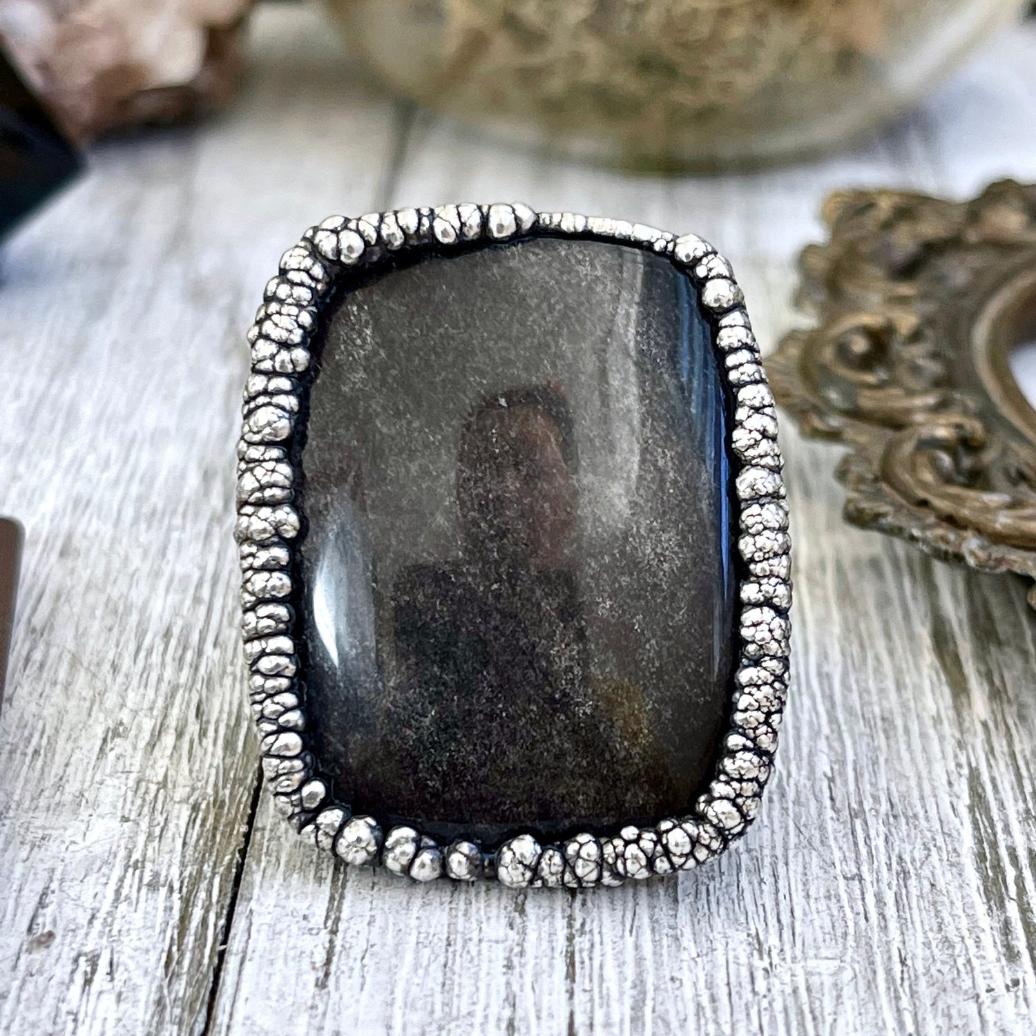 Size 9 Silver Sheen Obsidian Statement Ring in fine Silver / Foxlark Collection - One of a Kind