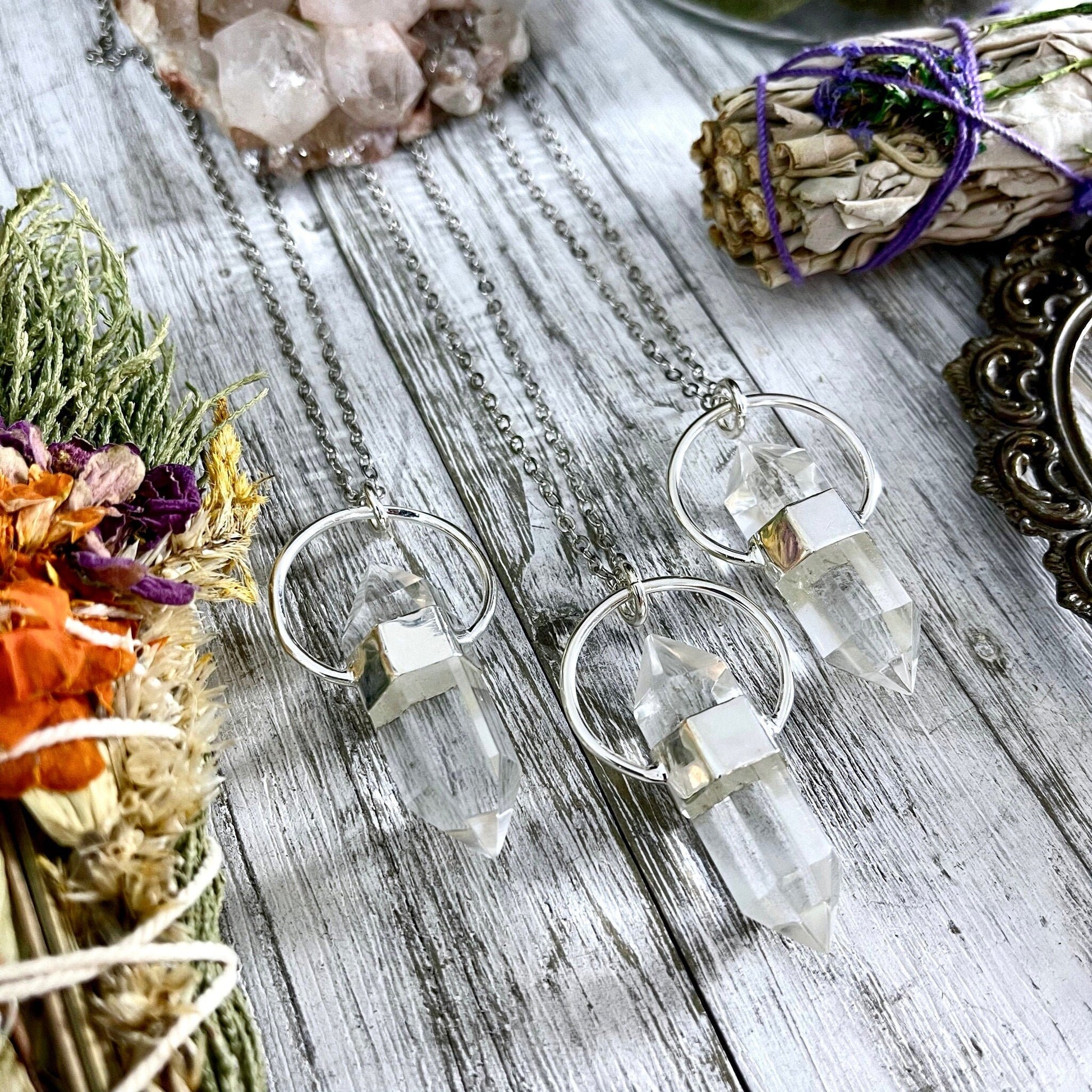 Clear Quartz Crystal Point Necklace in Sterling Silver  -Designed by FOXLARK Collection.