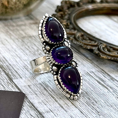 Three Stone Purple Amethyst Crystal Ring in Solid Sterling Silver- Designed by FOXLARK Collection Size Adjustable to -6 7 8 9 10.