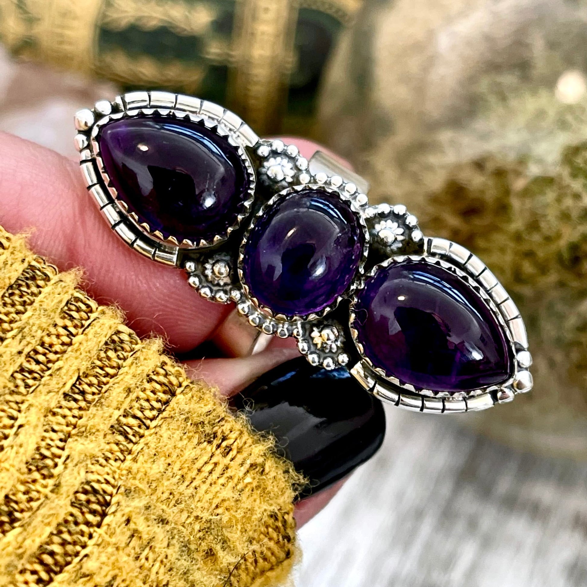 3 Stone Ring, Adjustable Ring, Amethyst Ring, Big Crystal Ring, Big Stone Ring, Bohemian Ring, Boho Jewelry, Boho Ring, Etsy ID: 1333720027, Festival Jewelry, Foxlark- Rings, Gift For Woman, Jewelry, Purple Amethyst, Rings, Statement Rings, Three Stone, W