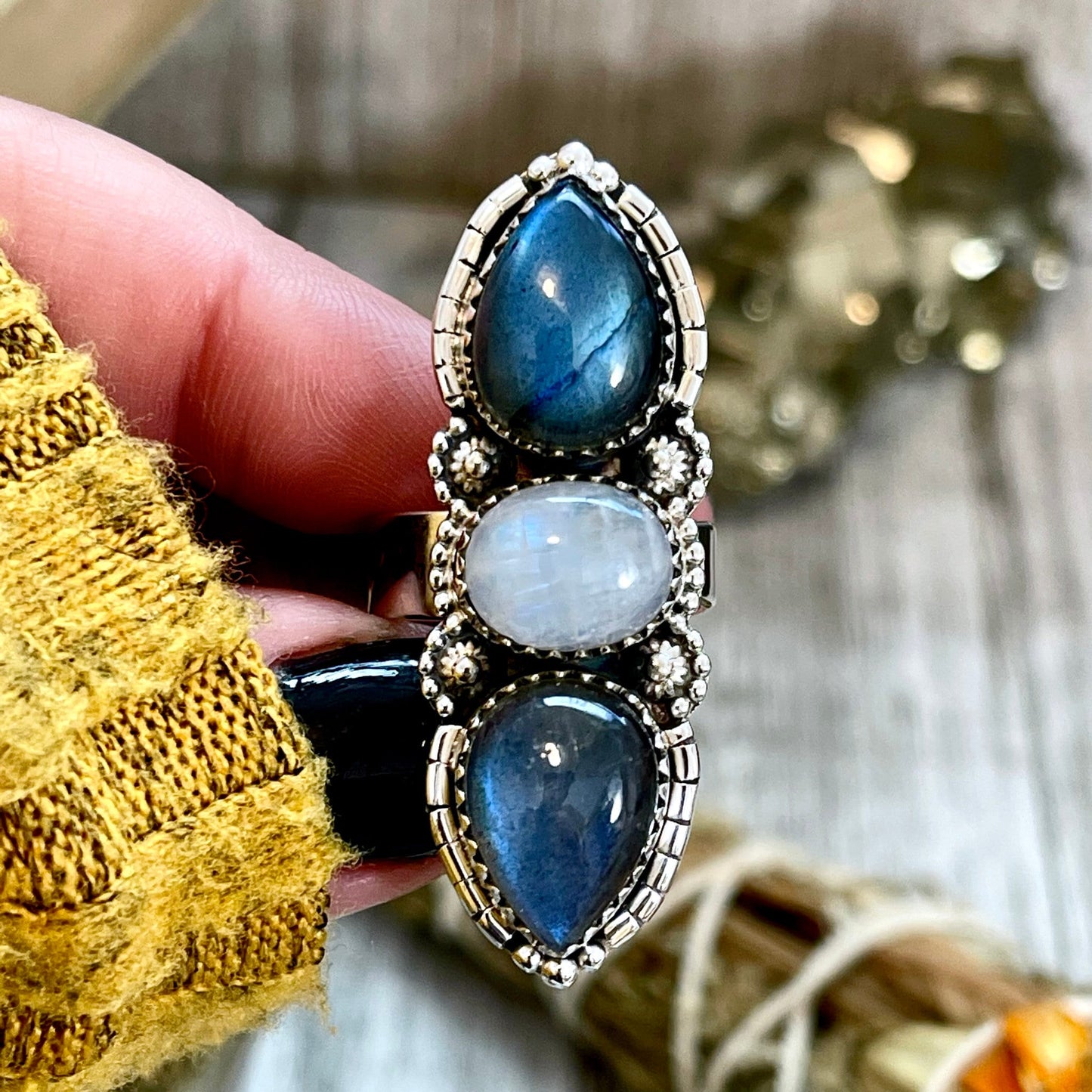 3 Stone Ring, Adjustable Ring, Big Crystal Ring, Big Stone Ring, Bohemian Ring, Boho Jewelry, Boho Ring, Etsy ID: 1333722547, Festival Jewelry, Foxlark- Rings, Gift For Woman, Jewelry, Labradorite Ring, Rainbow Moonstone, Rings, Statement Rings, Three Sto