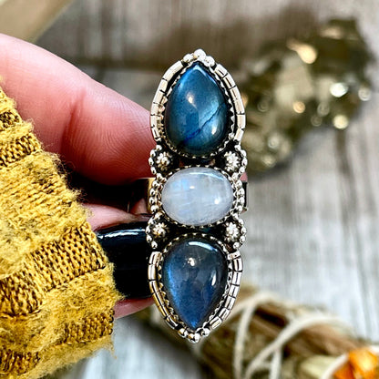 3 Stone Ring, Adjustable Ring, Big Crystal Ring, Big Stone Ring, Bohemian Ring, Boho Jewelry, Boho Ring, Etsy ID: 1333722547, Festival Jewelry, Foxlark- Rings, Gift For Woman, Jewelry, Labradorite Ring, Rainbow Moonstone, Rings, Statement Rings, Three Sto