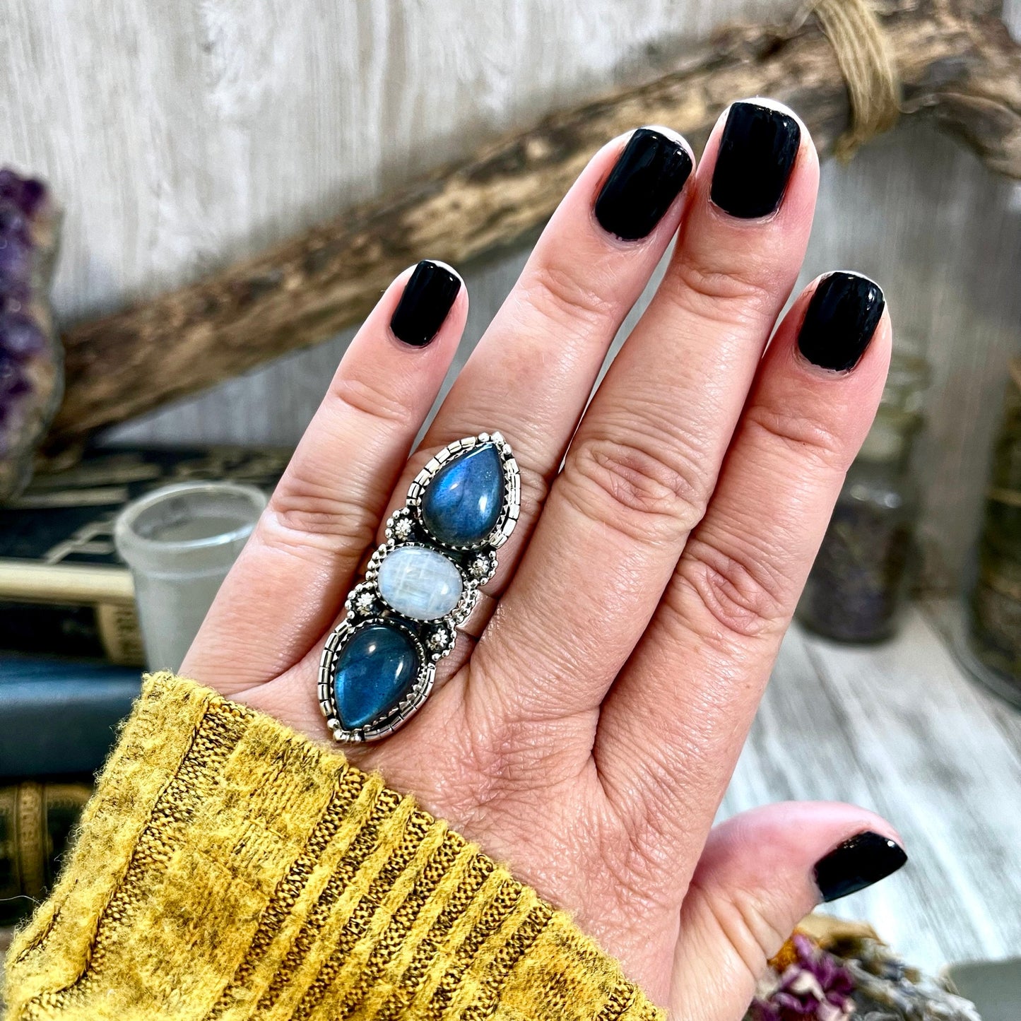 3 Stone Ring, Adjustable Ring, Big Crystal Ring, Big Stone Ring, Bohemian Ring, Boho Jewelry, Boho Ring, Etsy ID: 1333722547, Festival Jewelry, Foxlark- Rings, Gift For Woman, Jewelry, Labradorite Ring, Rainbow Moonstone, Rings, Statement Rings, Three Sto