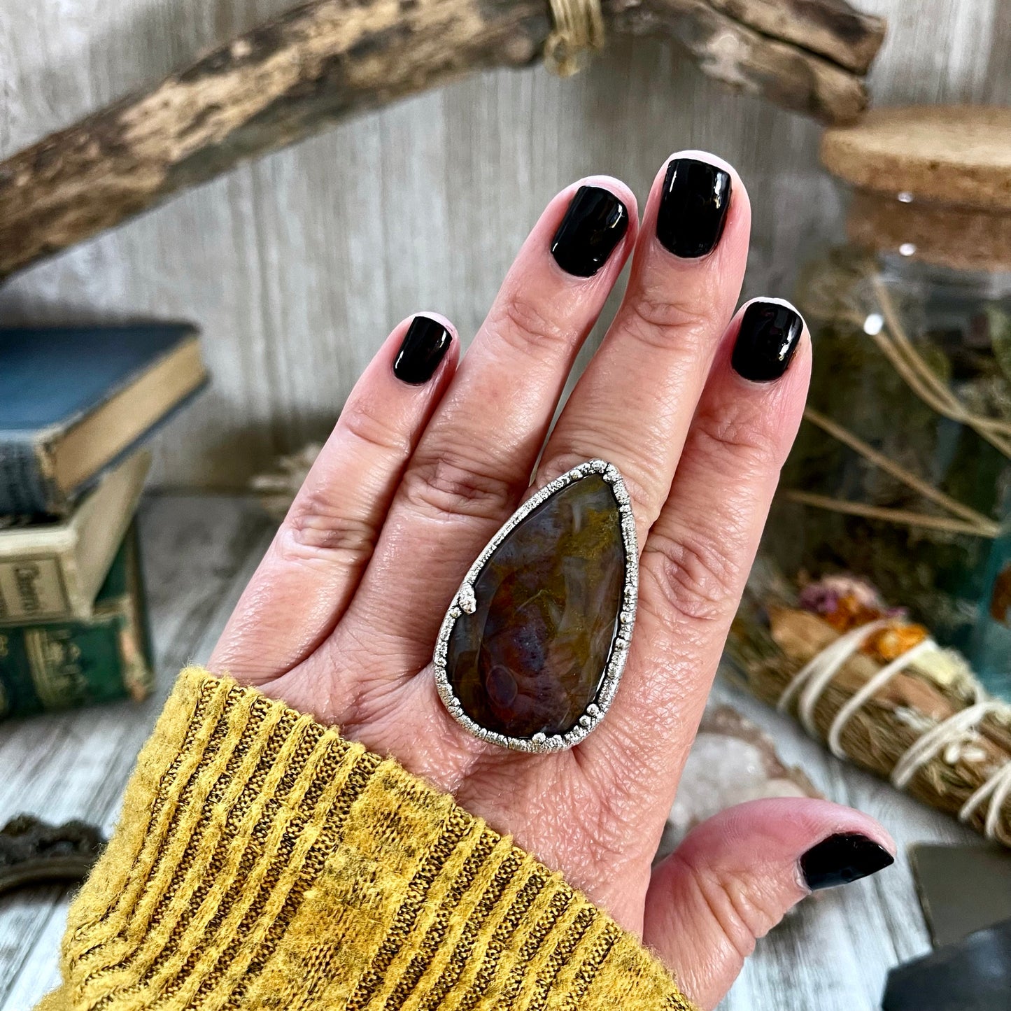 Size 10 Silver Natural Fancy Moss Agate Crystal Statement Ring / Foxlark Collection - One of a Kind