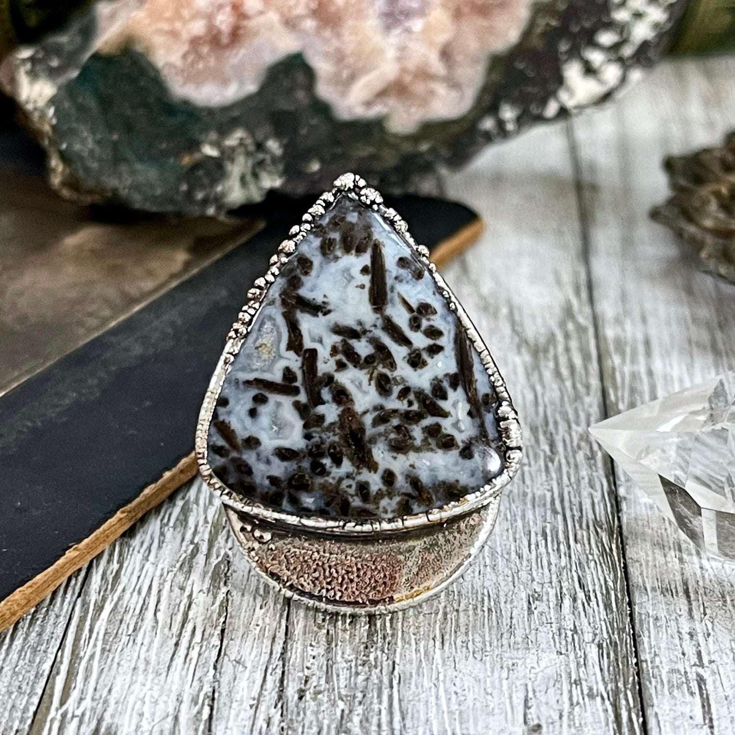 Unique Size 7 Large Blue Fossilized Palm Root Statement Ring in Fine Silver / Foxlark Collection - One of a Kind