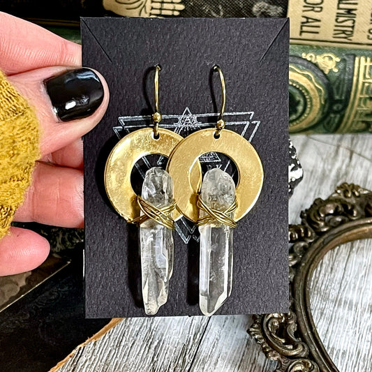 Brass Drop Earrings with Natural Clear Quartz Crystals - Foxlark Crystal Jewelry