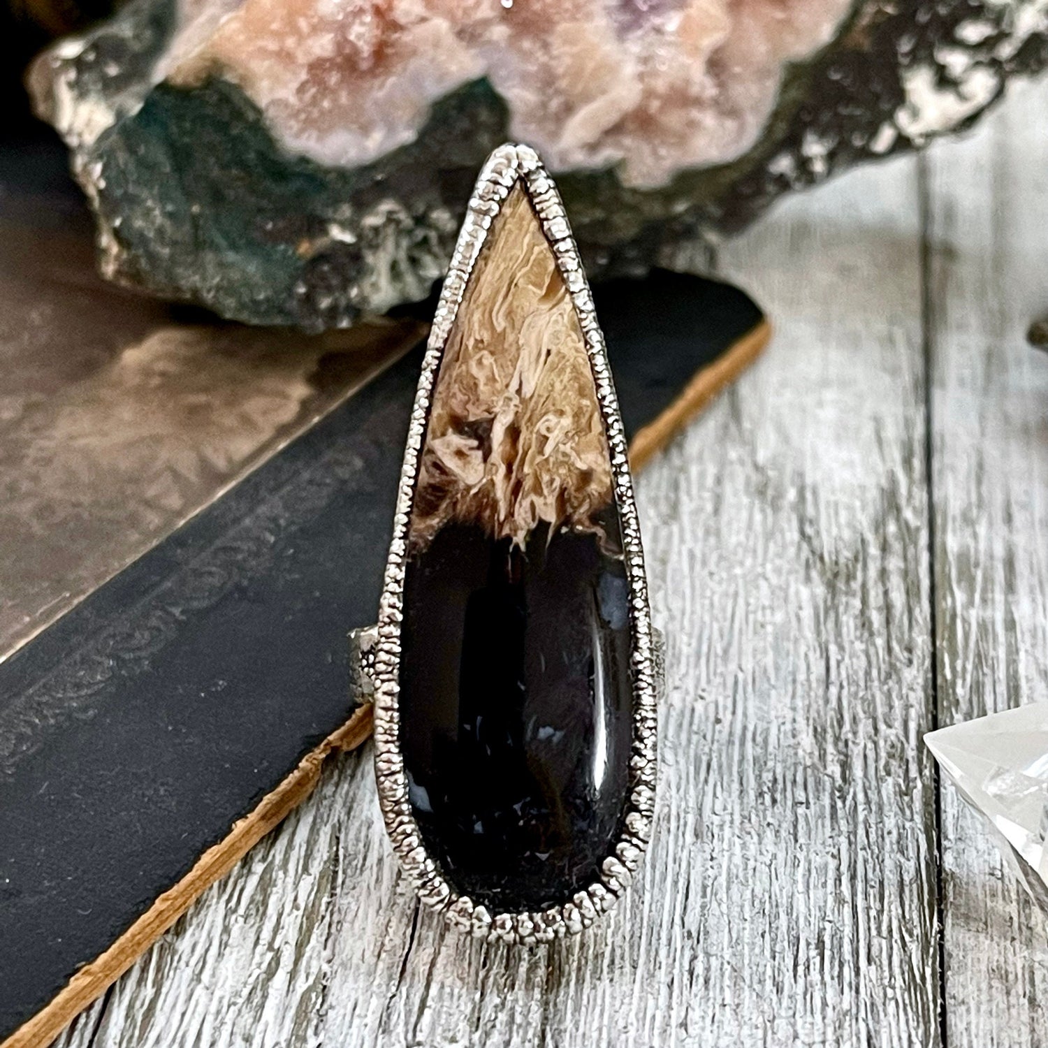 Size 6 Large Fossilized Palm Root Statement Ring in Fine Silver - Black Stone Ring / Foxlark Collection - One of a Kind