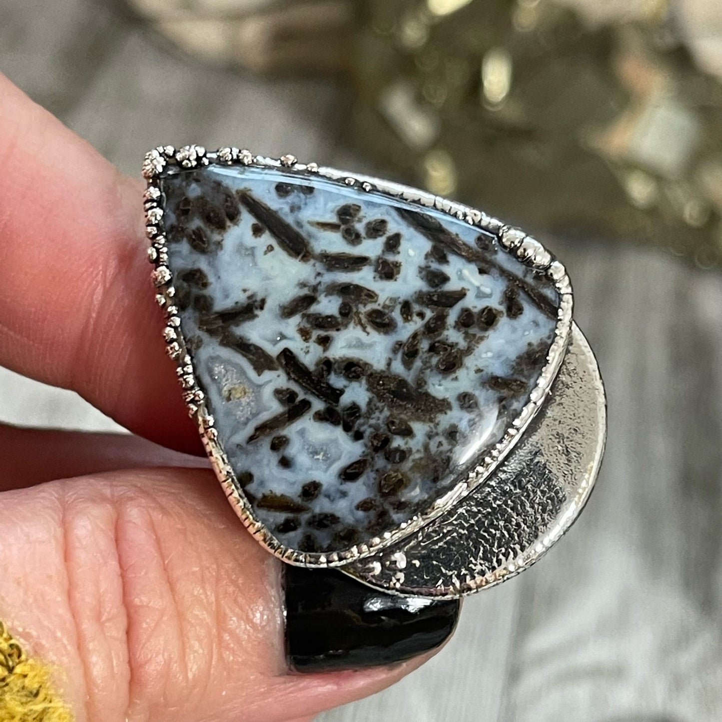 Unique Size 7 Large Blue Fossilized Palm Root Statement Ring in Fine Silver / Foxlark Collection - One of a Kind