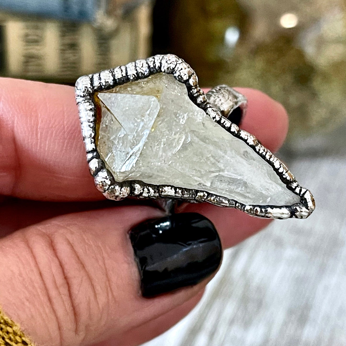 Size 8 Raw Citrine Point Ring Set in Fine Silver / Yellow Crystal Jewelry - Foxlark Crystal Jewelry