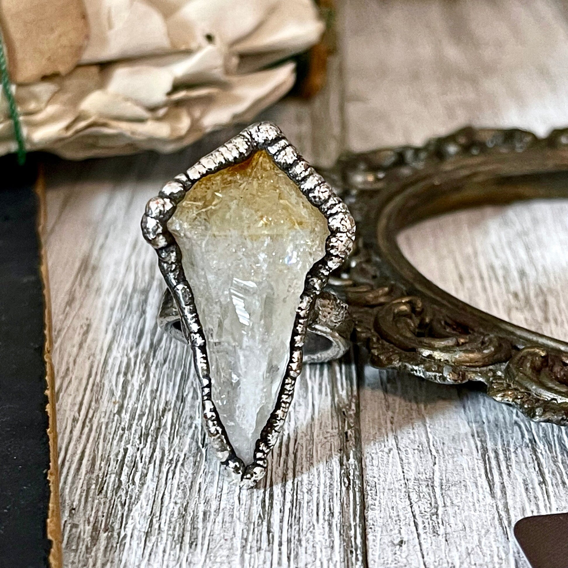 Size 8 Raw Citrine Point Ring Set in Fine Silver / Yellow Crystal Jewelry - Foxlark Crystal Jewelry