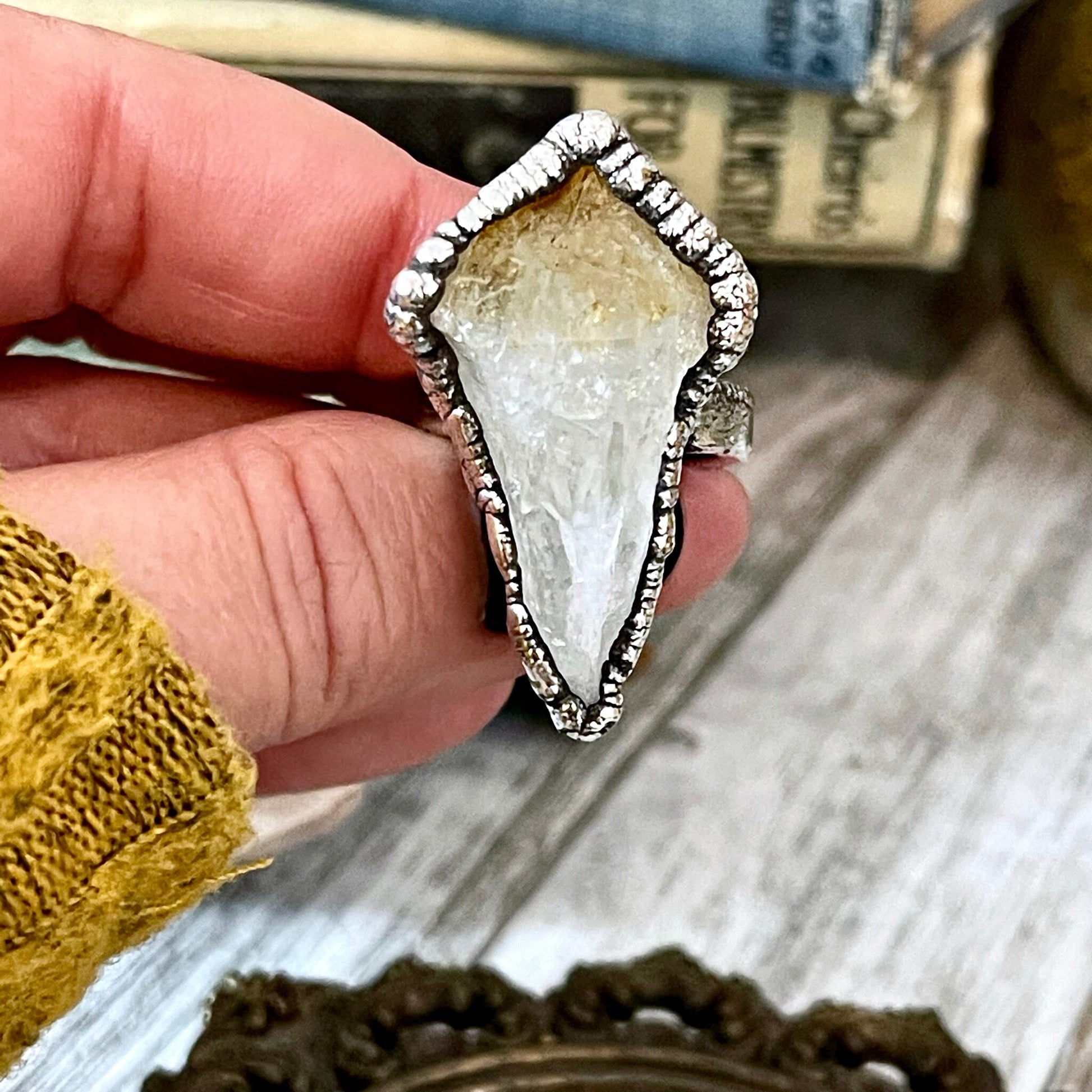 Size 8 Raw Citrine Point Ring Set in Fine Silver / Yellow Crystal Jewelry - Foxlark Crystal Jewelry