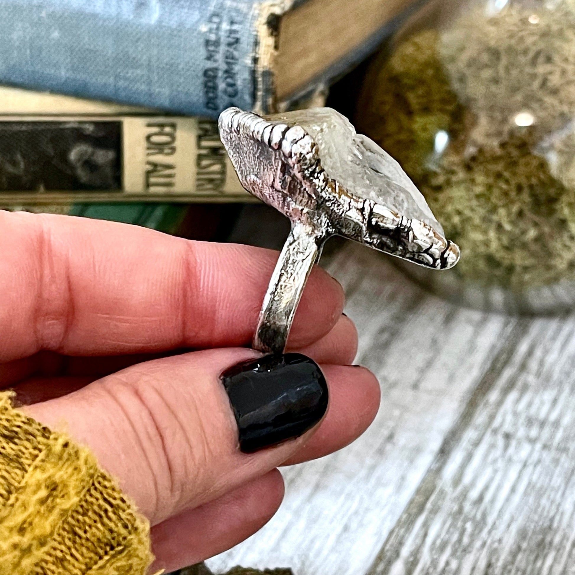 Size 8 Raw Citrine Point Ring Set in Fine Silver / Yellow Crystal Jewelry - Foxlark Crystal Jewelry