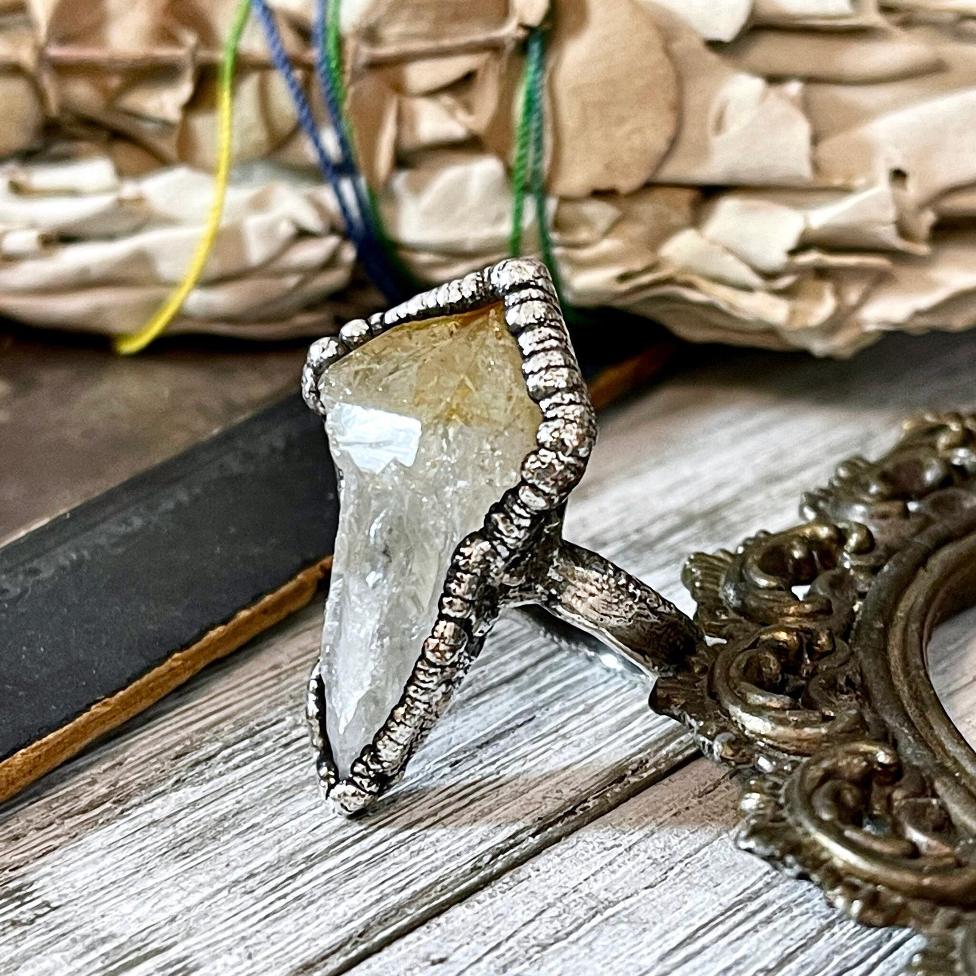Size 8 Raw Citrine Point Ring Set in Fine Silver / Yellow Crystal Jewelry - Foxlark Crystal Jewelry