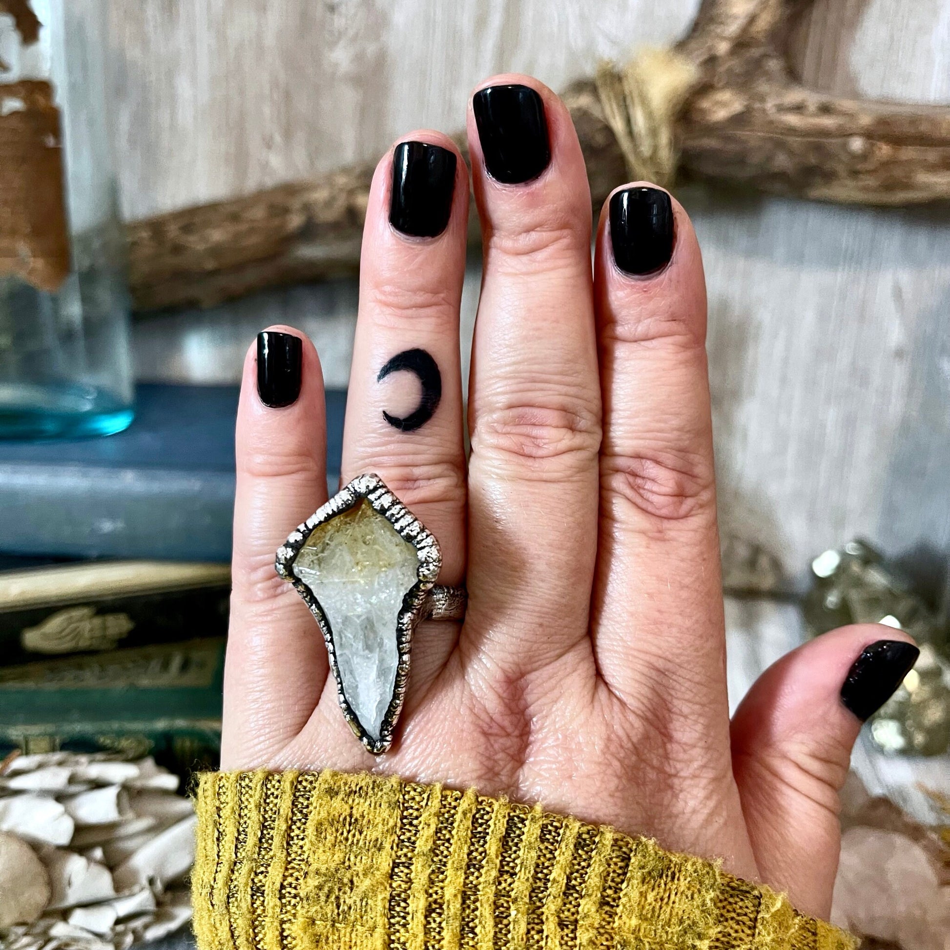 Size 8 Raw Citrine Point Ring Set in Fine Silver / Yellow Crystal Jewelry - Foxlark Crystal Jewelry