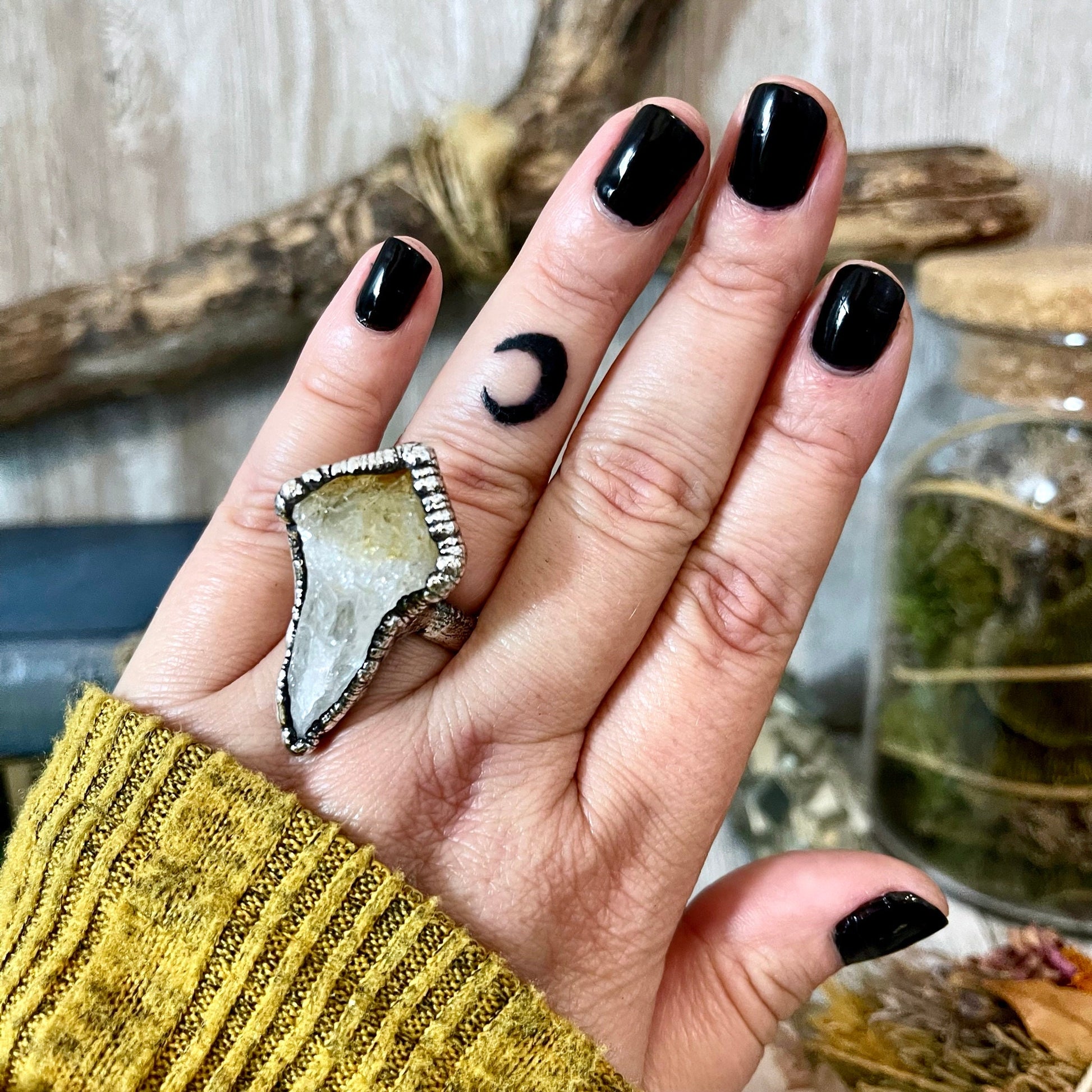 Size 8 Raw Citrine Point Ring Set in Fine Silver / Yellow Crystal Jewelry - Foxlark Crystal Jewelry