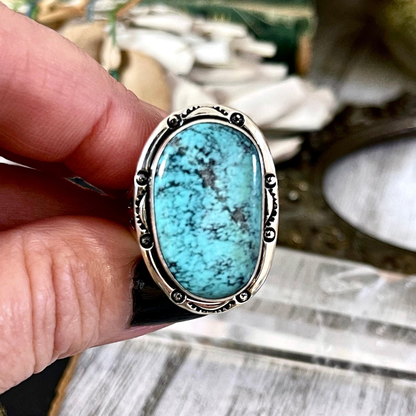 Size 9  Turquoise # 8 Statement Ring Set in Sterling Silver / Curated by FOXLARK Collection