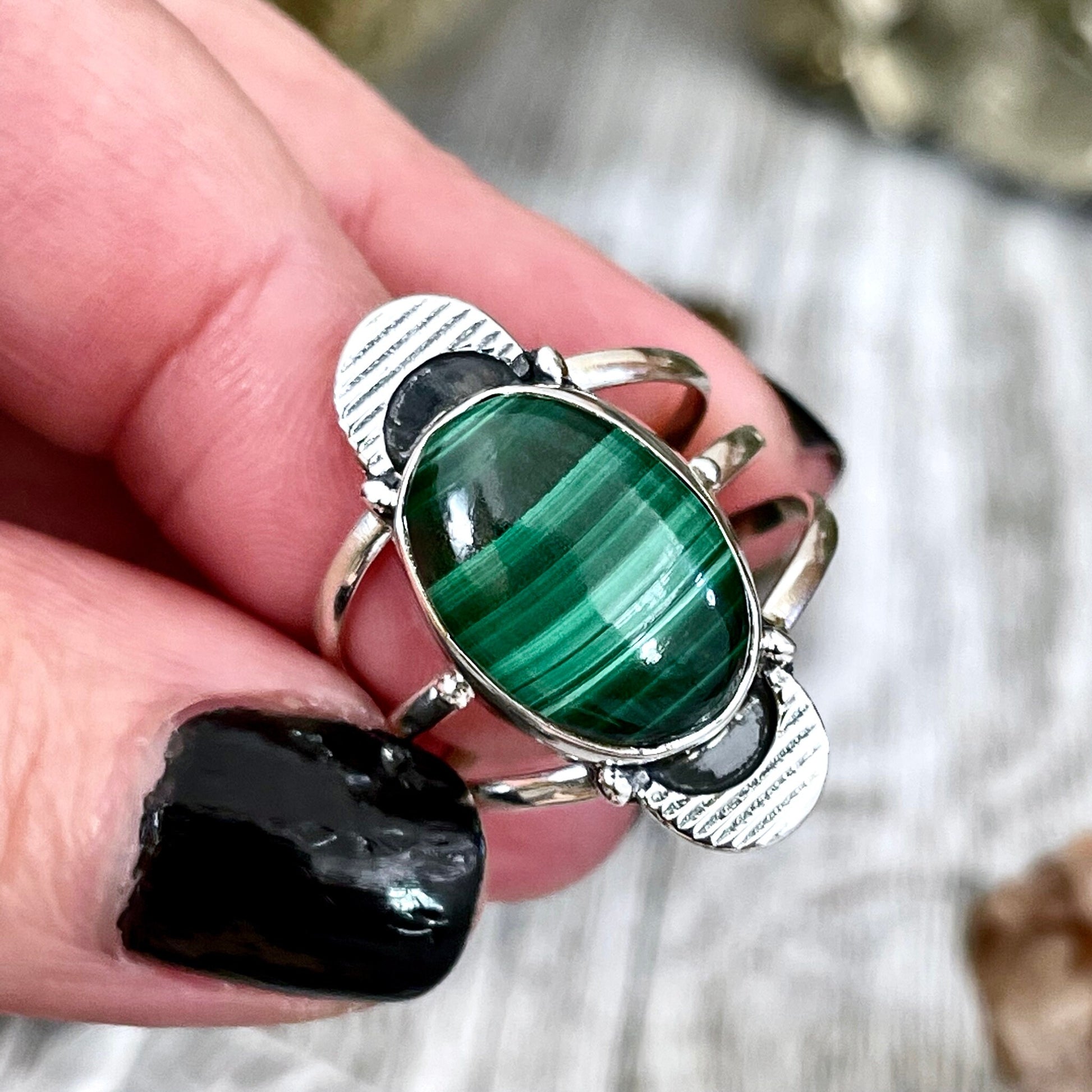 Green Malachite Double Moon Crystal Ring in Solid Sterling Silver- Designed by FOXLARK Collection Size 6 7 8 9 10 11 / Gothic Jewelry - Foxlark Crystal Jewelry