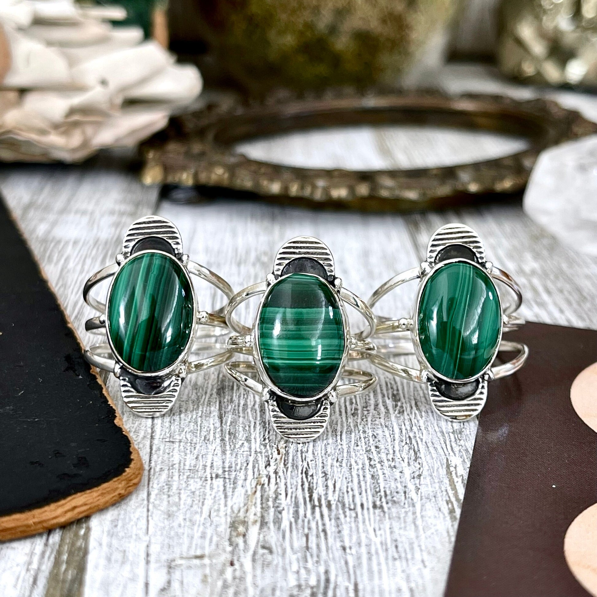 Green Malachite Double Moon Crystal Ring in Solid Sterling Silver- Designed by FOXLARK Collection Size 6 7 8 9 10 11 / Gothic Jewelry - Foxlark Crystal Jewelry