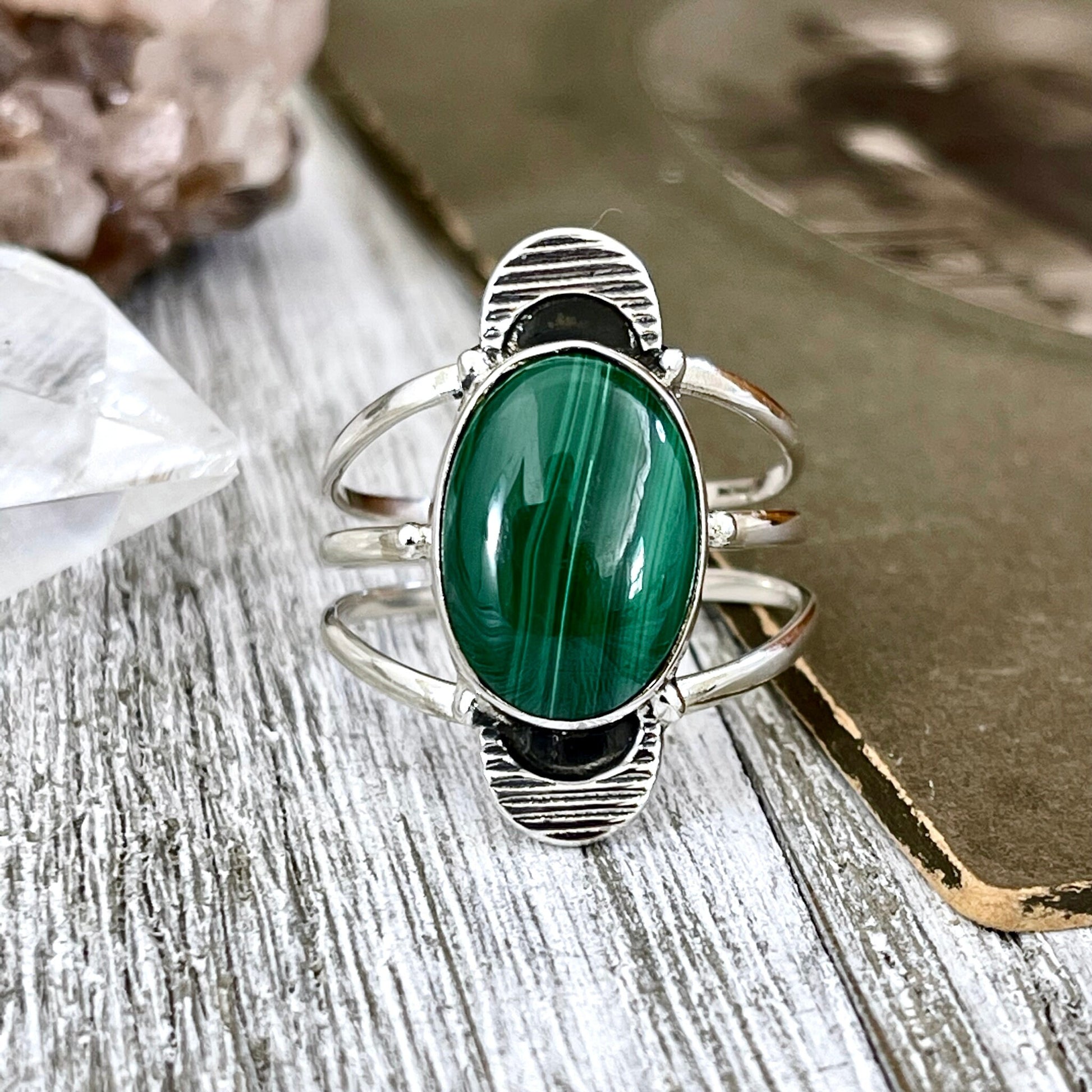 Green Malachite Double Moon Crystal Ring in Solid Sterling Silver- Designed by FOXLARK Collection Size 6 7 8 9 10 11 / Gothic Jewelry - Foxlark Crystal Jewelry
