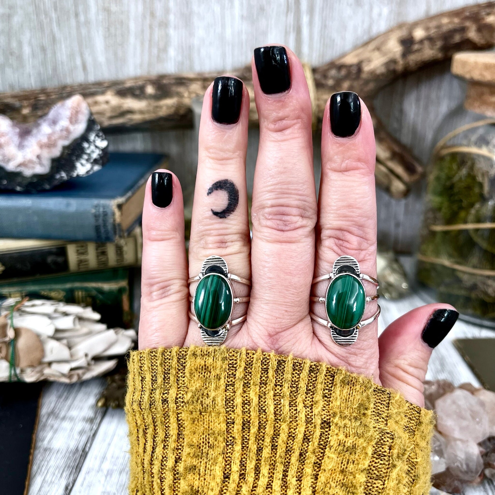 Green Malachite Double Moon Crystal Ring in Solid Sterling Silver- Designed by FOXLARK Collection Size 6 7 8 9 10 11 / Gothic Jewelry - Foxlark Crystal Jewelry