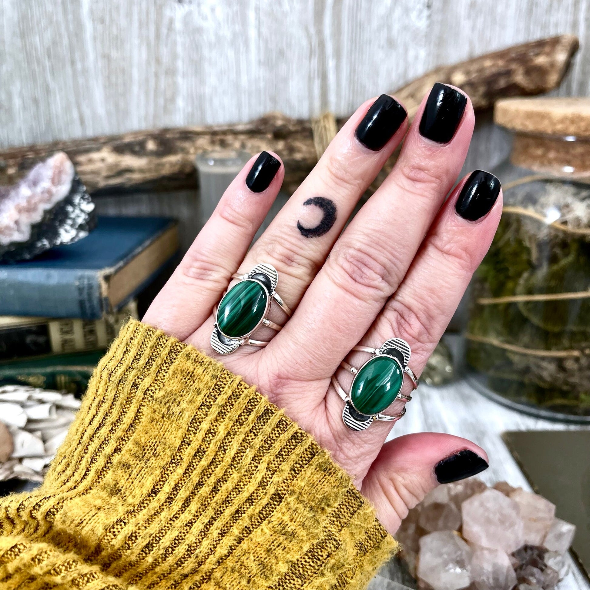 Green Malachite Double Moon Crystal Ring in Solid Sterling Silver- Designed by FOXLARK Collection Size 6 7 8 9 10 11 / Gothic Jewelry - Foxlark Crystal Jewelry