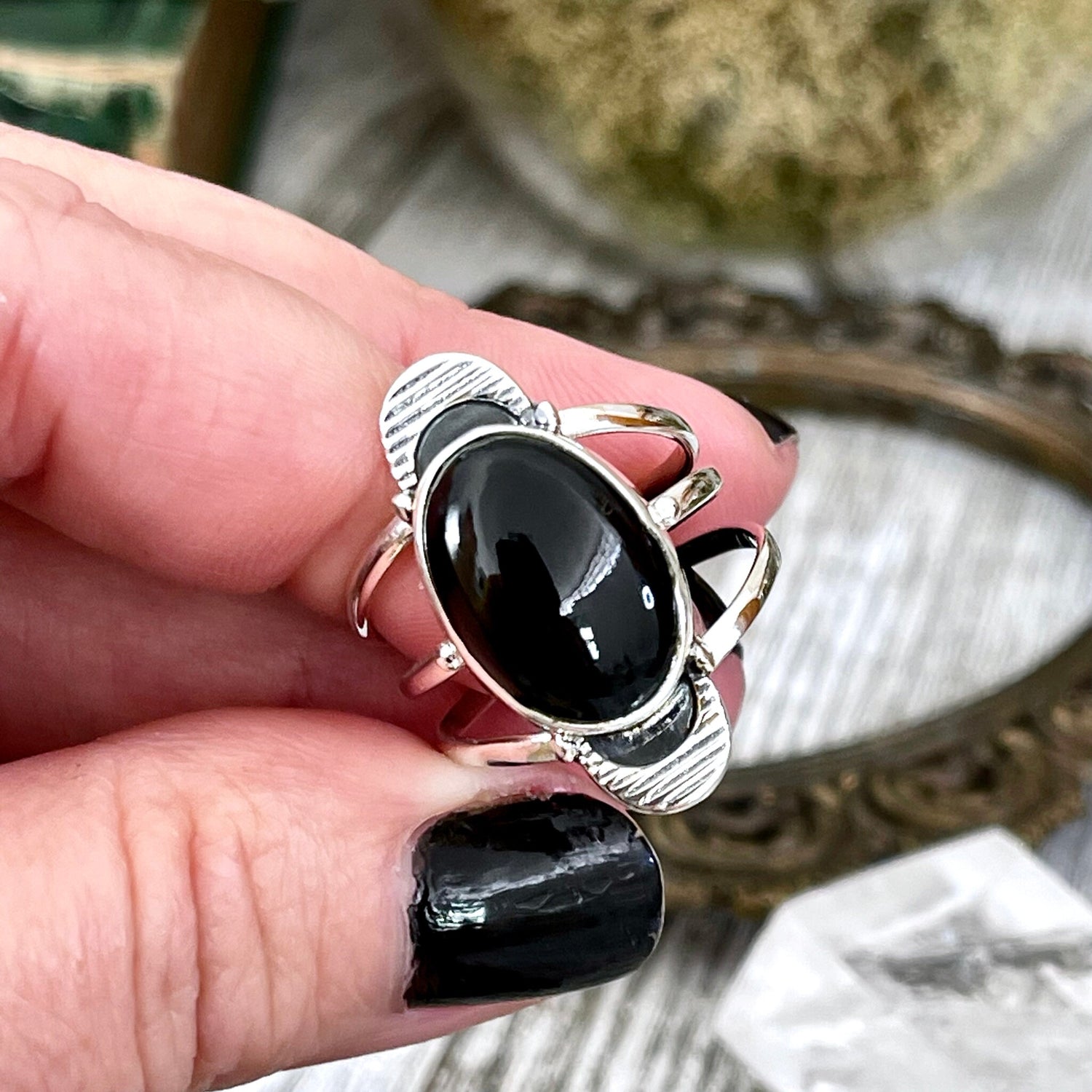 Black Onyx Double Moon Crystal Ring in Solid Sterling Silver- Designed by FOXLARK Collection Size 6 7 8 9 10 11