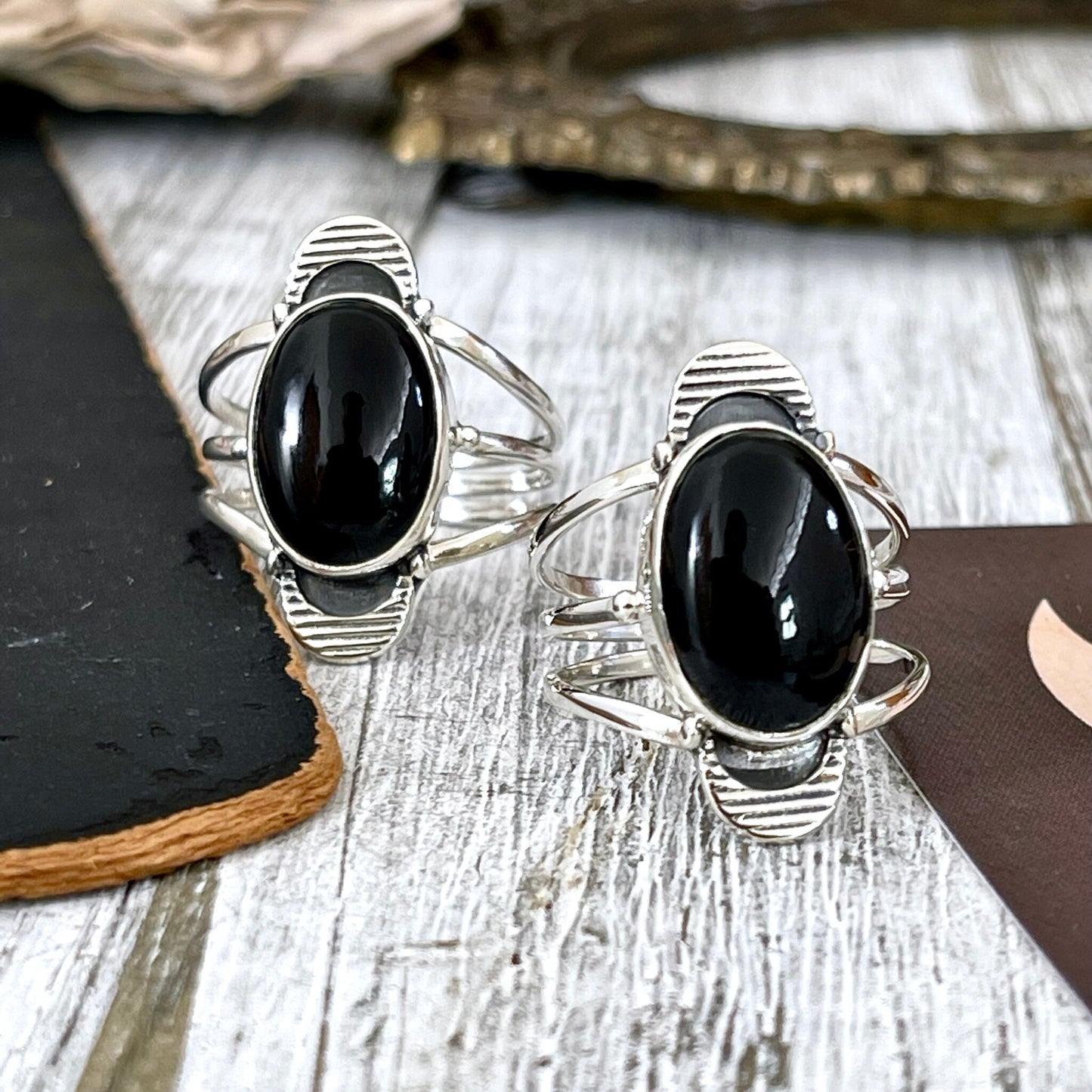 Black Onyx Double Moon Crystal Ring in Solid Sterling Silver- Designed by FOXLARK Collection Size 6 7 8 9 10 11
