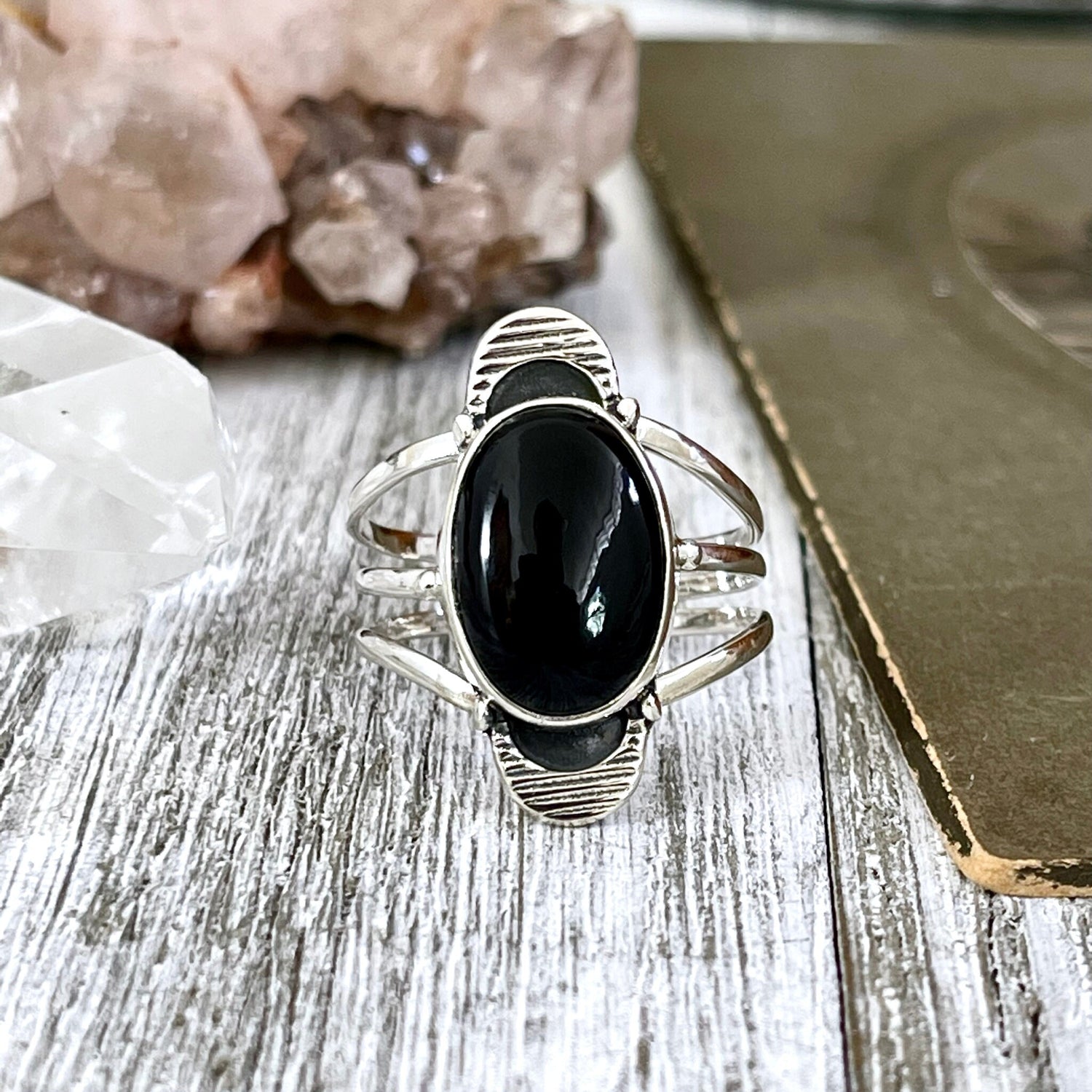 Black Onyx Double Moon Crystal Ring in Solid Sterling Silver- Designed by FOXLARK Collection Size 6 7 8 9 10 11